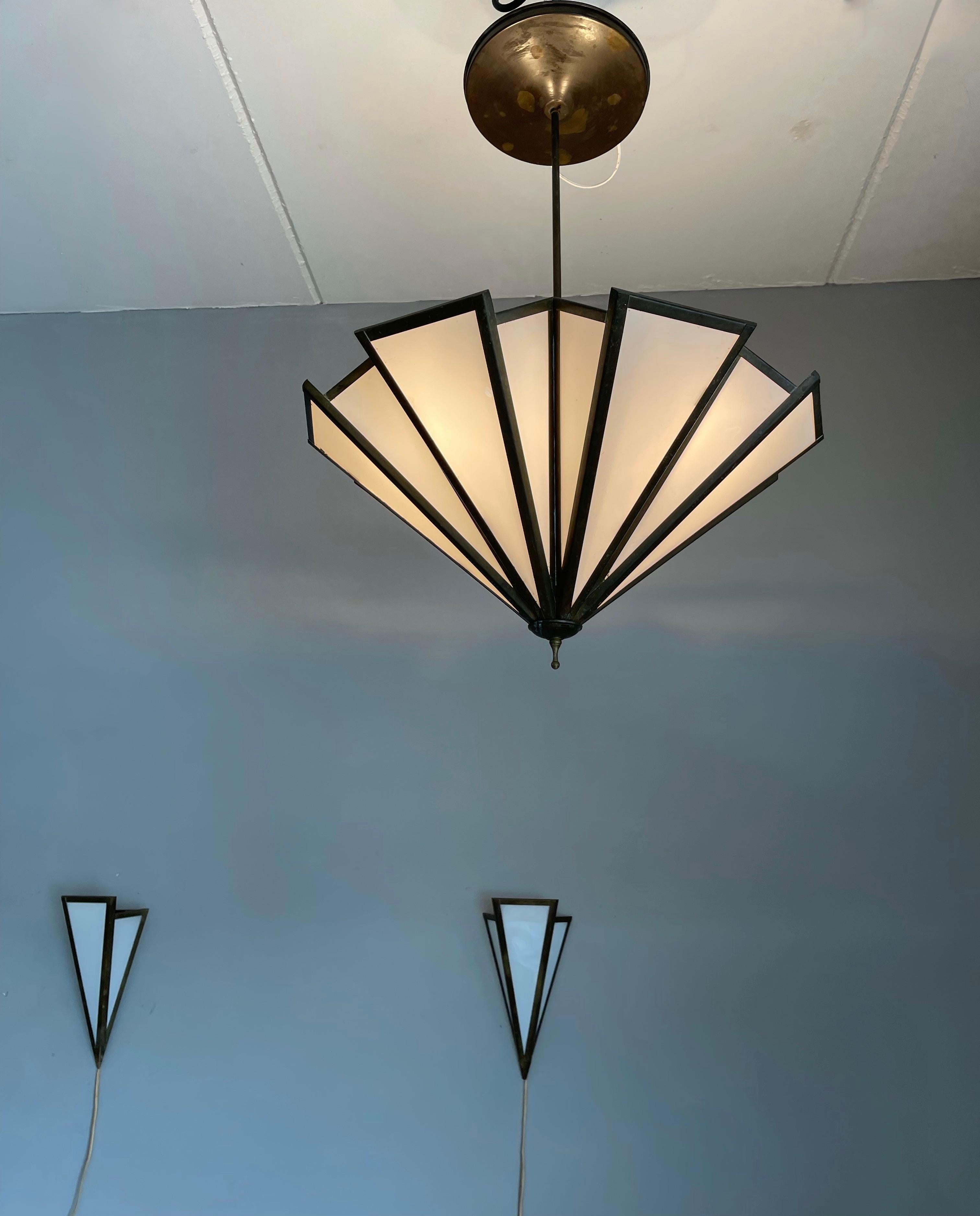 Stunning Art Deco Style Brass & Milk Glass Chandelier with Matching Wall Sconces For Sale 5