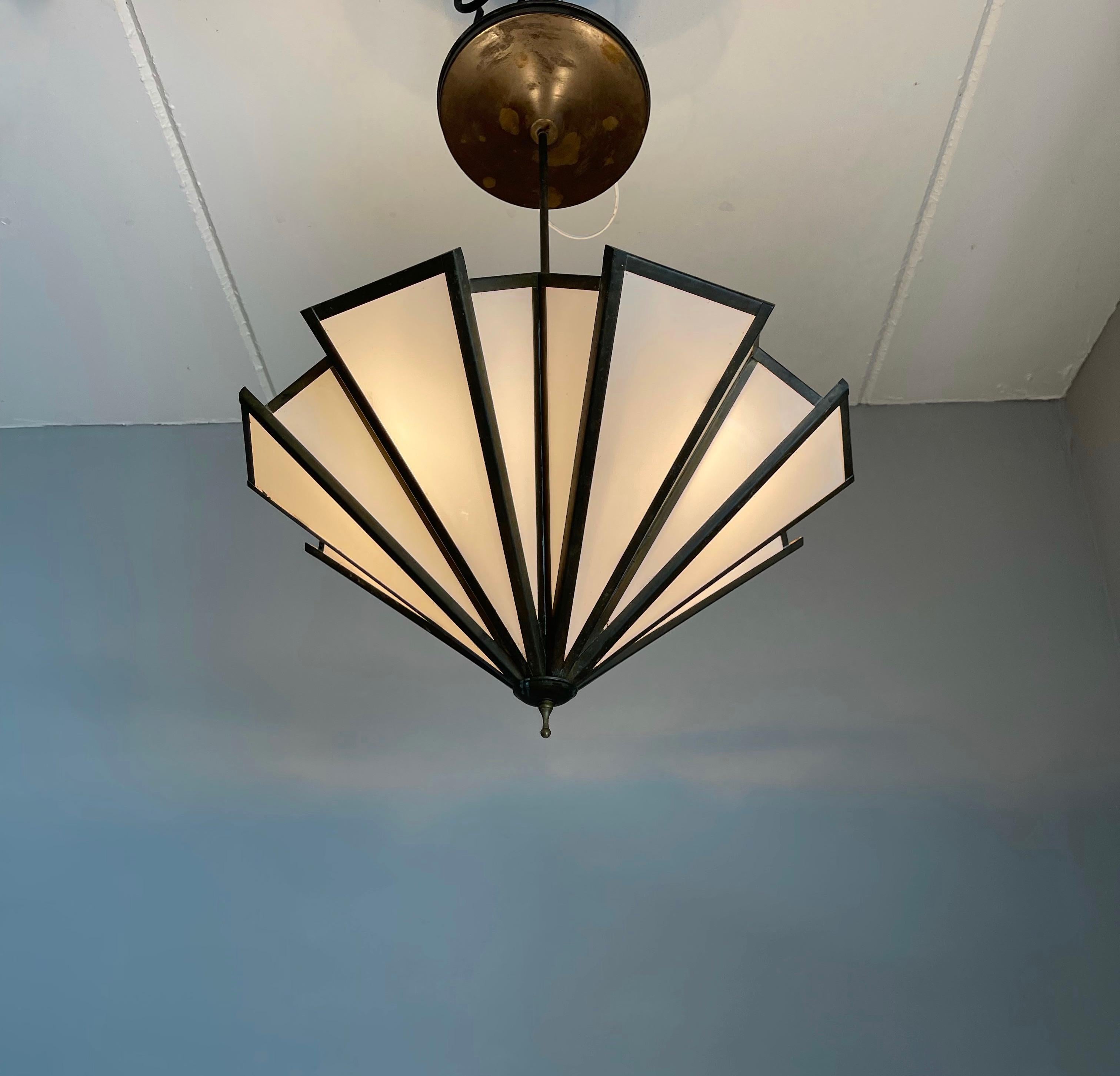 Stunning Art Deco Style Brass & Milk Glass Chandelier with Matching Wall Sconces For Sale 6