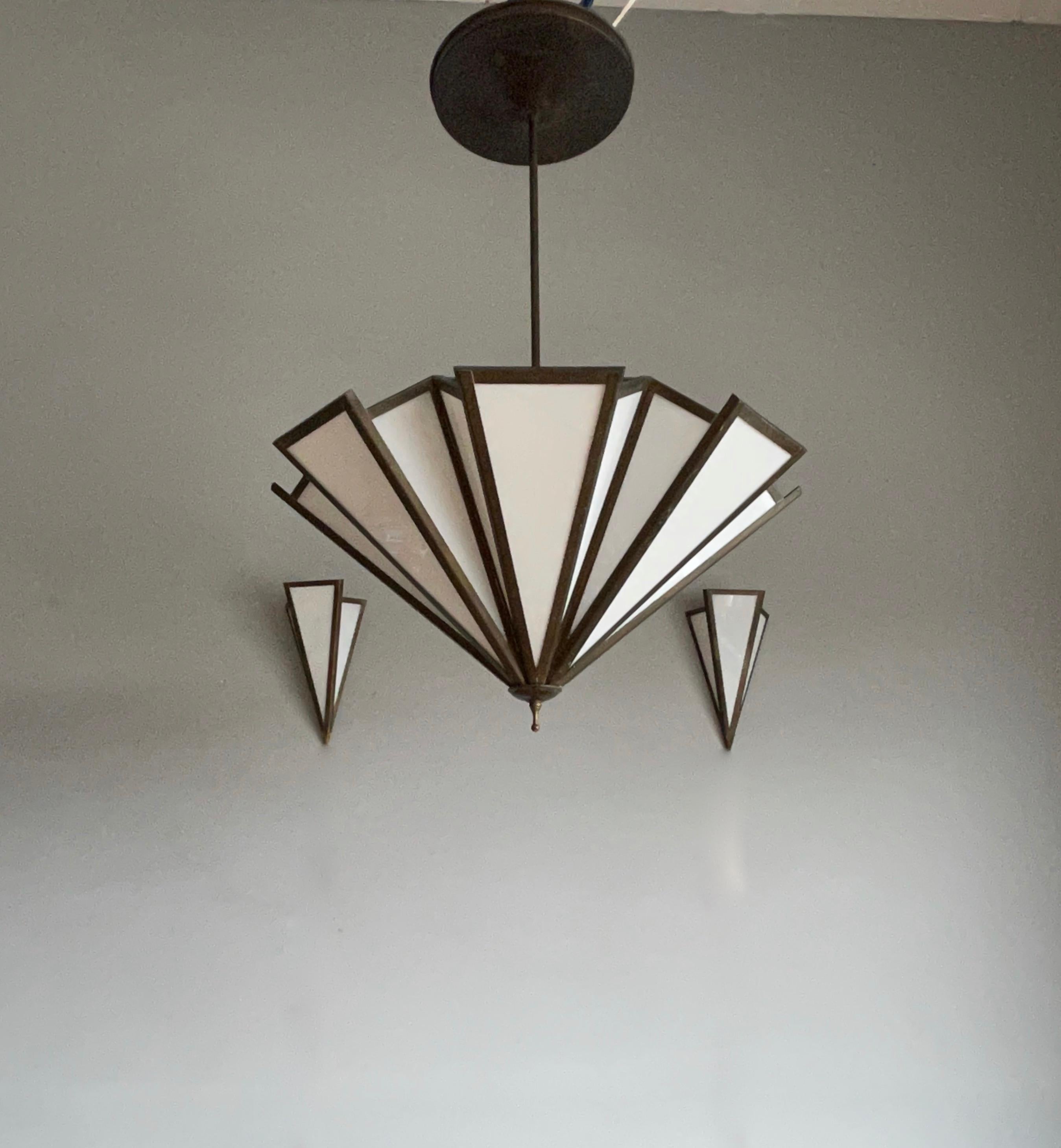 Stunning Art Deco Style Brass & Milk Glass Chandelier with Matching Wall Sconces For Sale 11