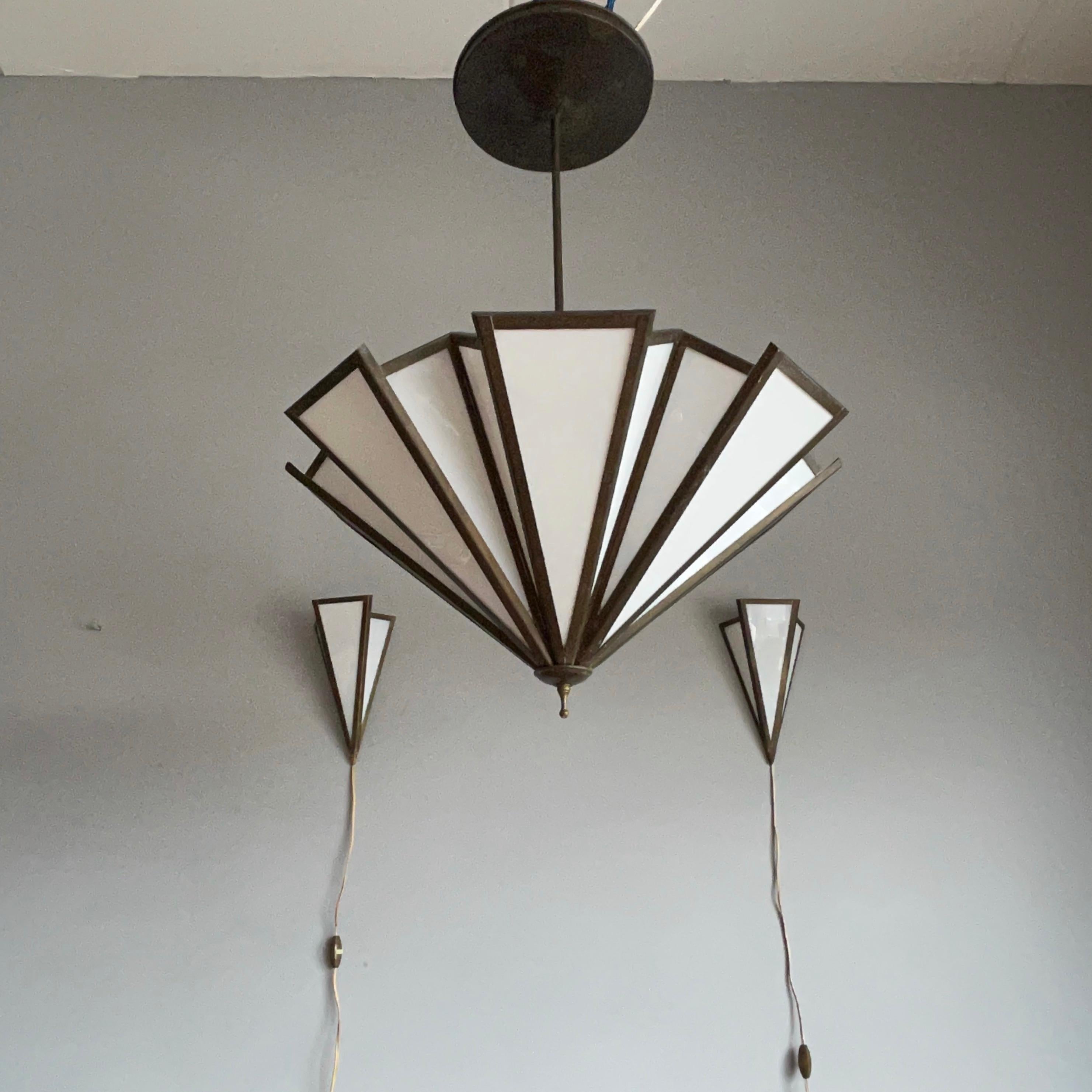 20th Century Stunning Art Deco Style Brass & Milk Glass Chandelier with Matching Wall Sconces For Sale