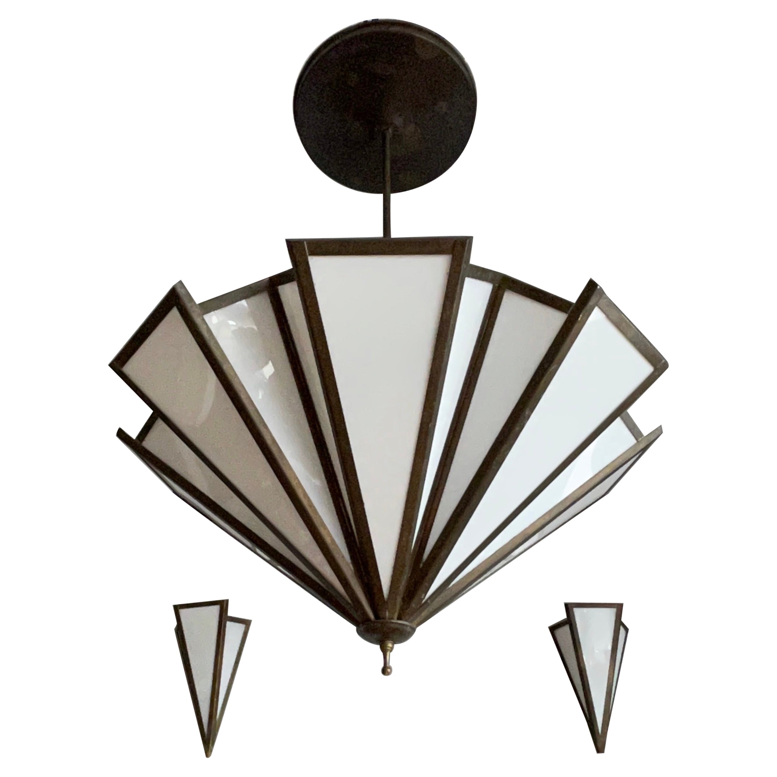 Stunning Art Deco Style Brass 
Milk Glass Chandelier with Matching Wall Sconces