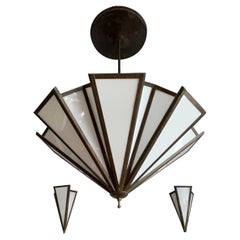 Stunning Art Deco Style Brass & Milk Glass Chandelier with Matching Wall Sconces