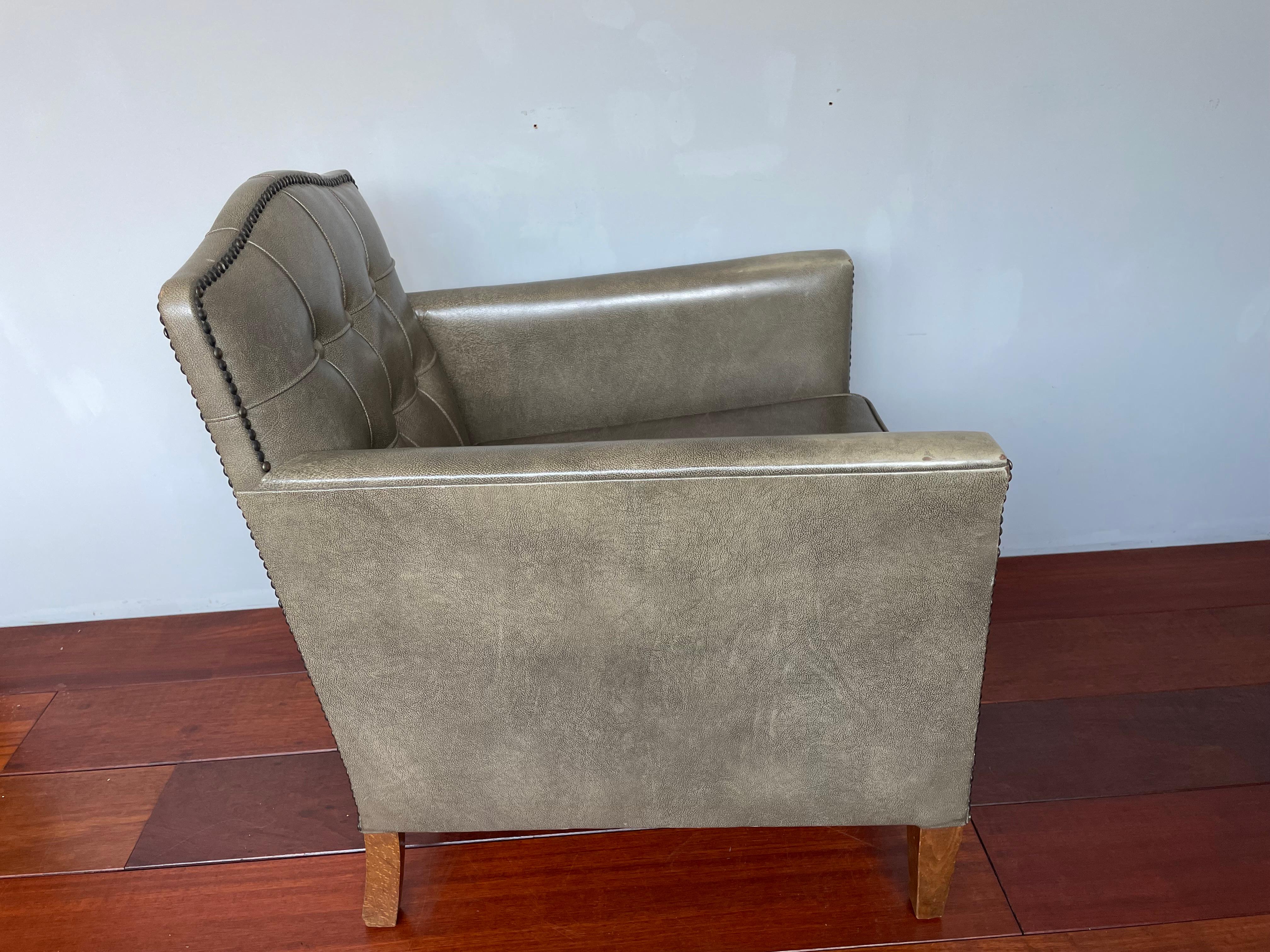 Stunning Art Deco Style Ladies Armchair Club Chair w. Grey Leather & Brass Nails For Sale 5