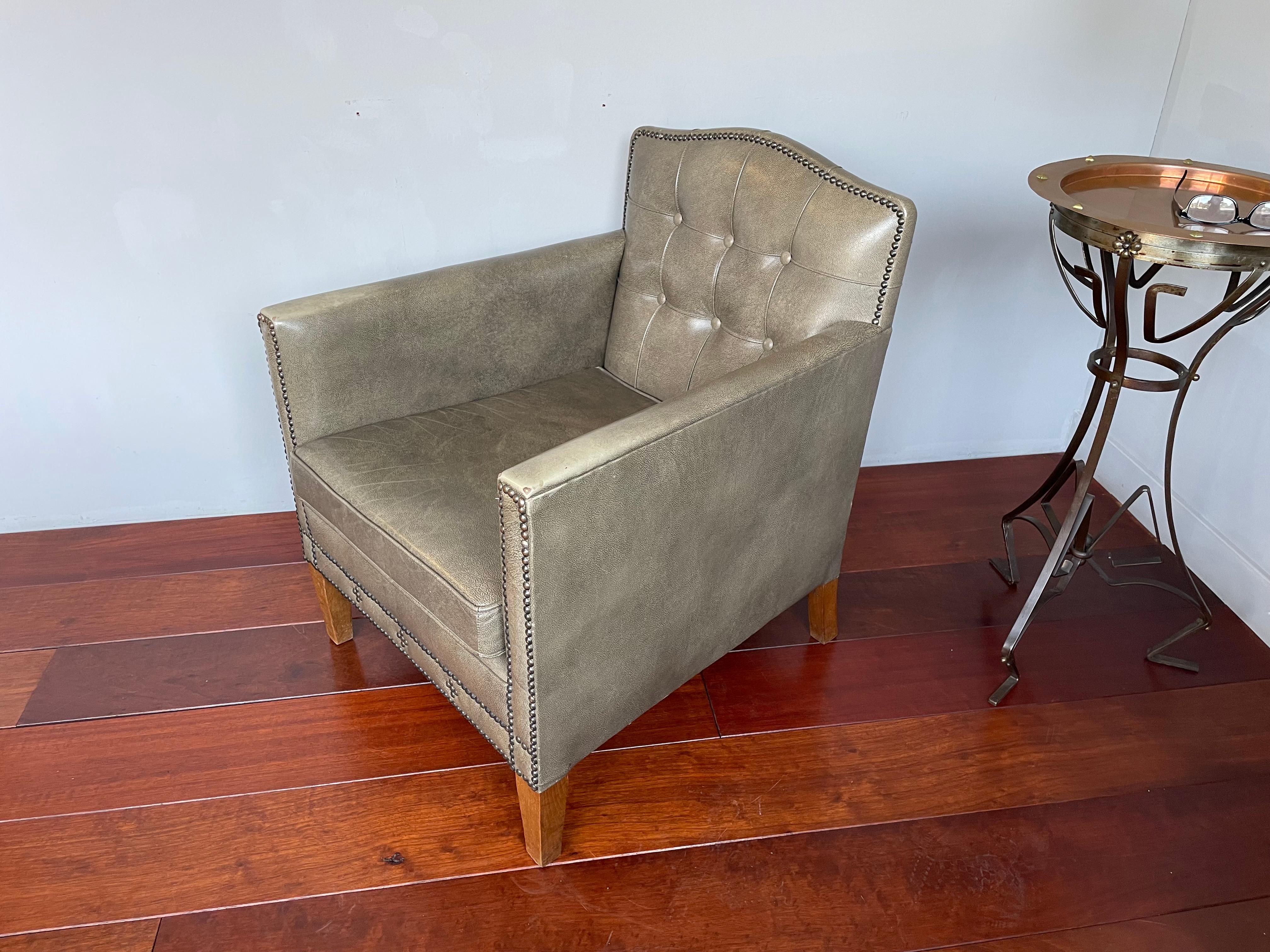 Stunning Art Deco Style Ladies Armchair Club Chair w. Grey Leather & Brass Nails For Sale 7