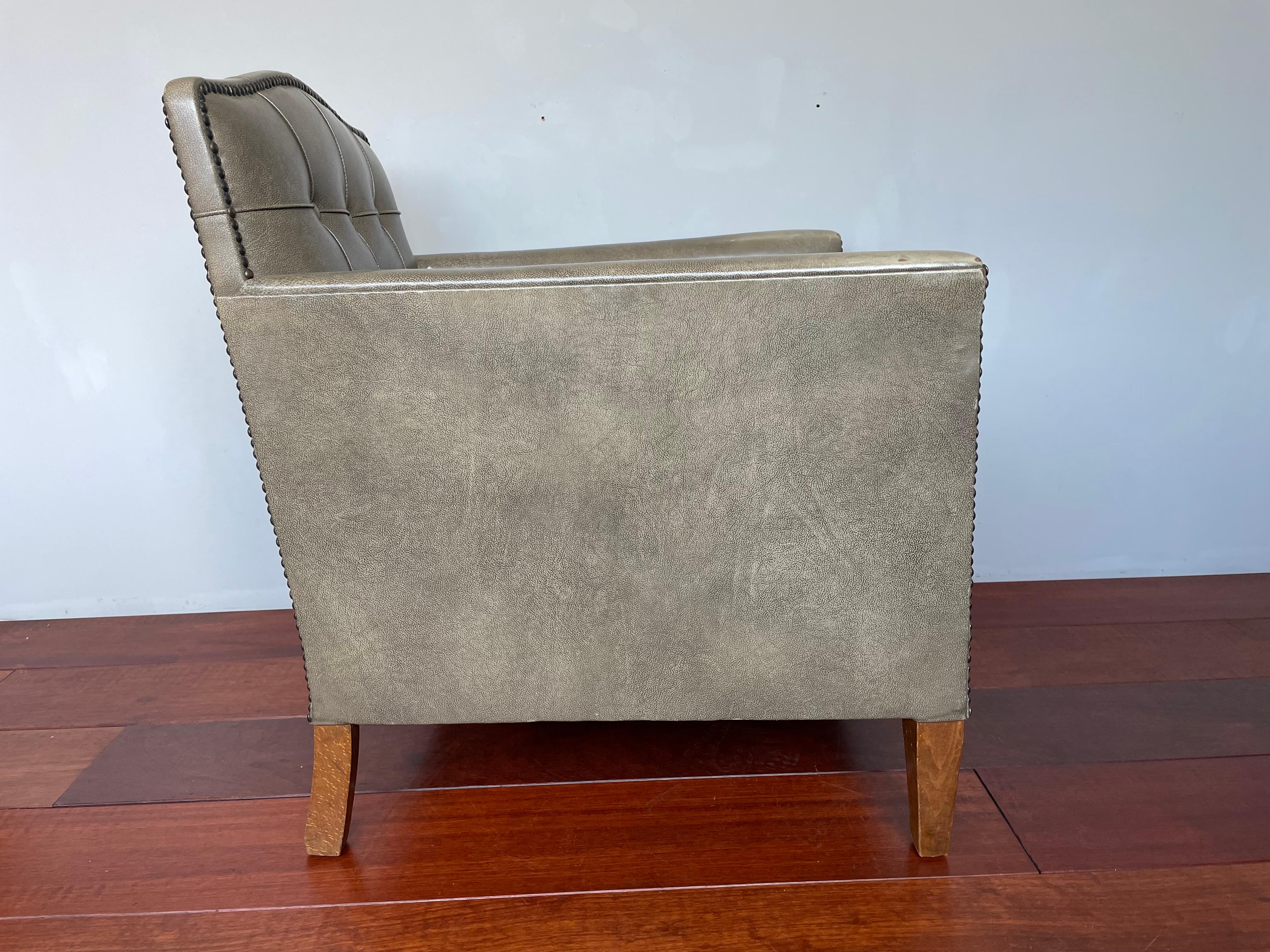 Stunning Art Deco Style Ladies Armchair Club Chair w. Grey Leather & Brass Nails For Sale 12