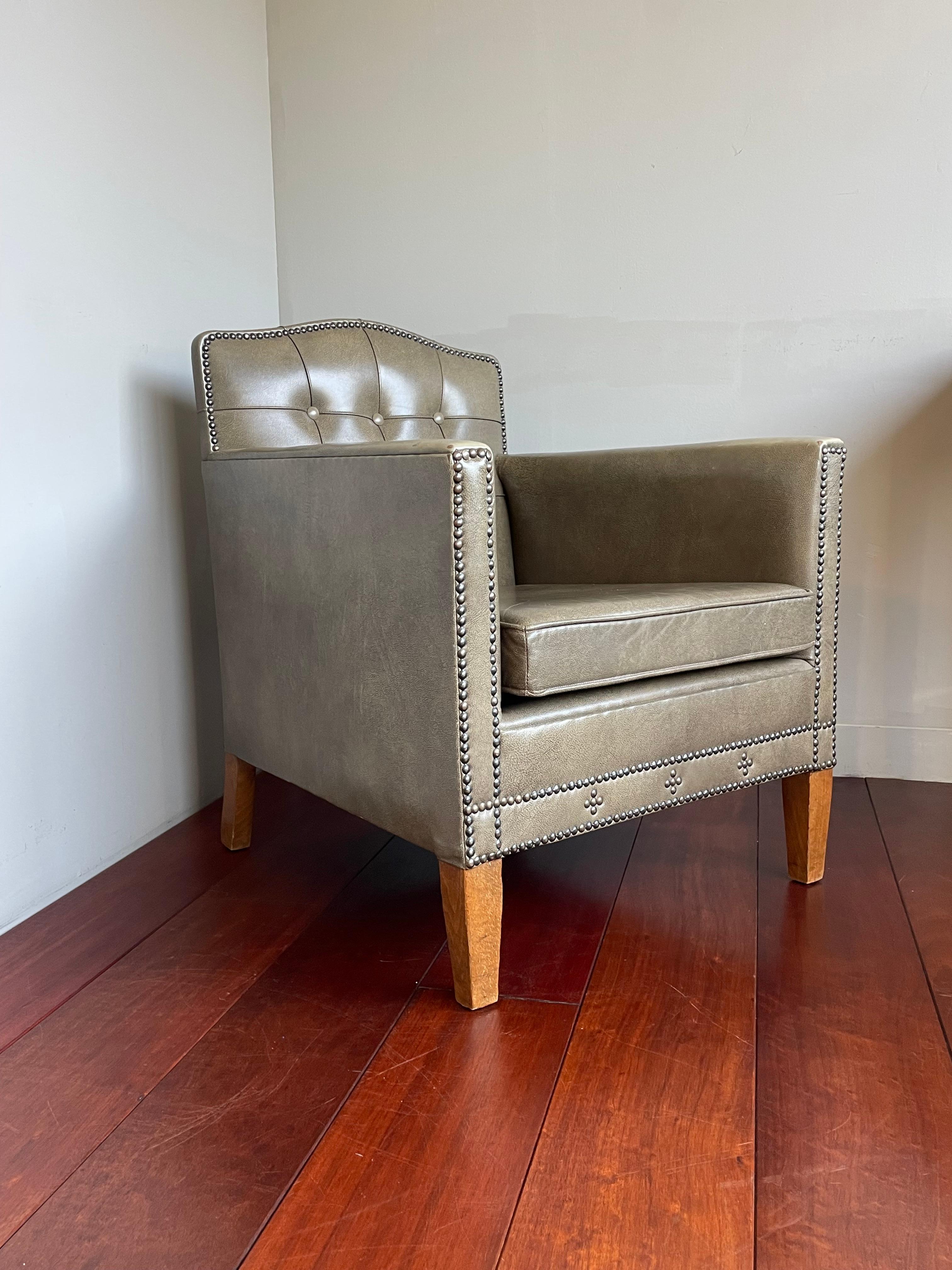 Stunning Art Deco Style Ladies Armchair Club Chair w. Grey Leather & Brass Nails For Sale 13