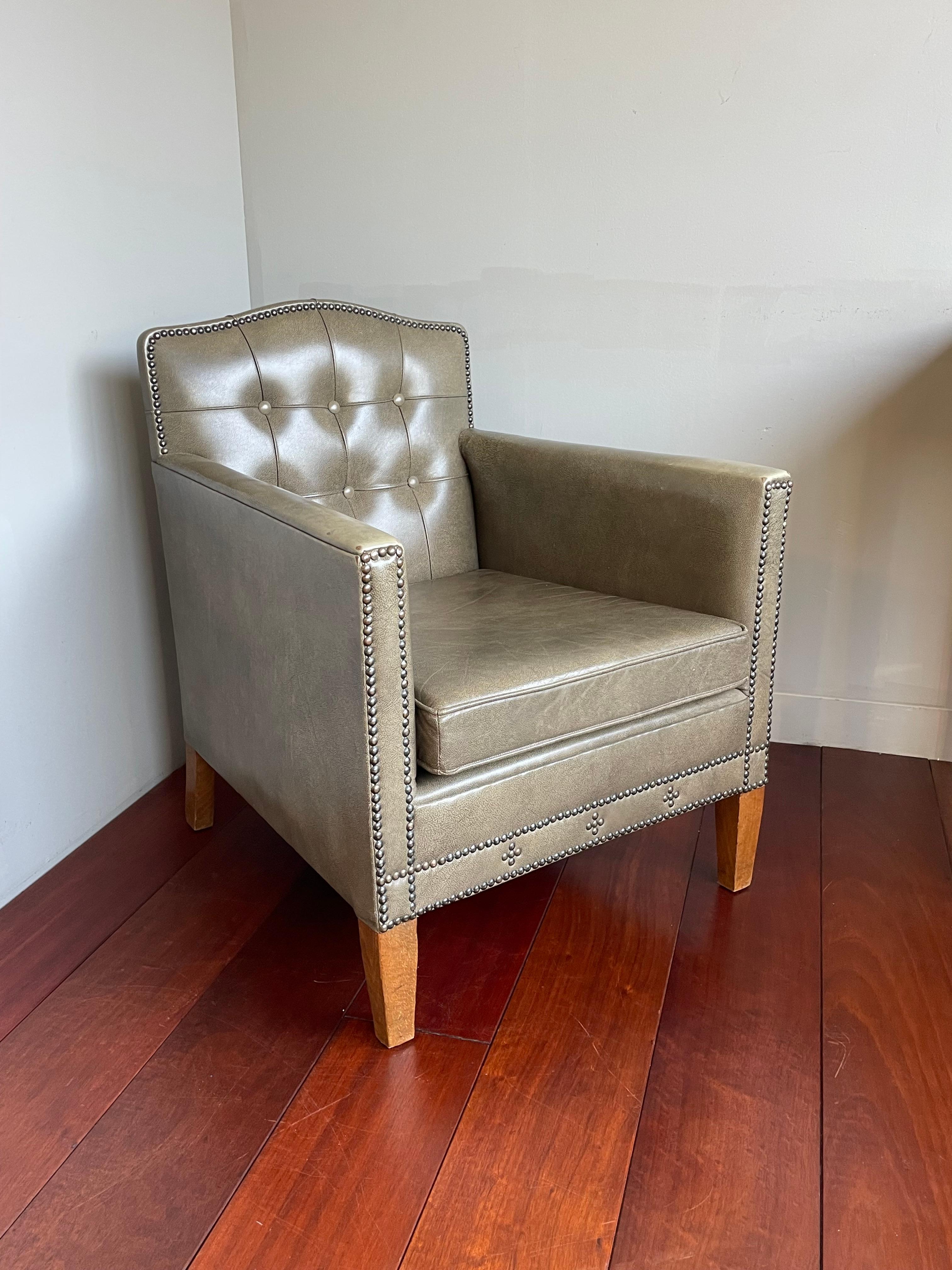 Stunning Art Deco Style Ladies Armchair Club Chair w. Grey Leather & Brass Nails In Excellent Condition For Sale In Lisse, NL