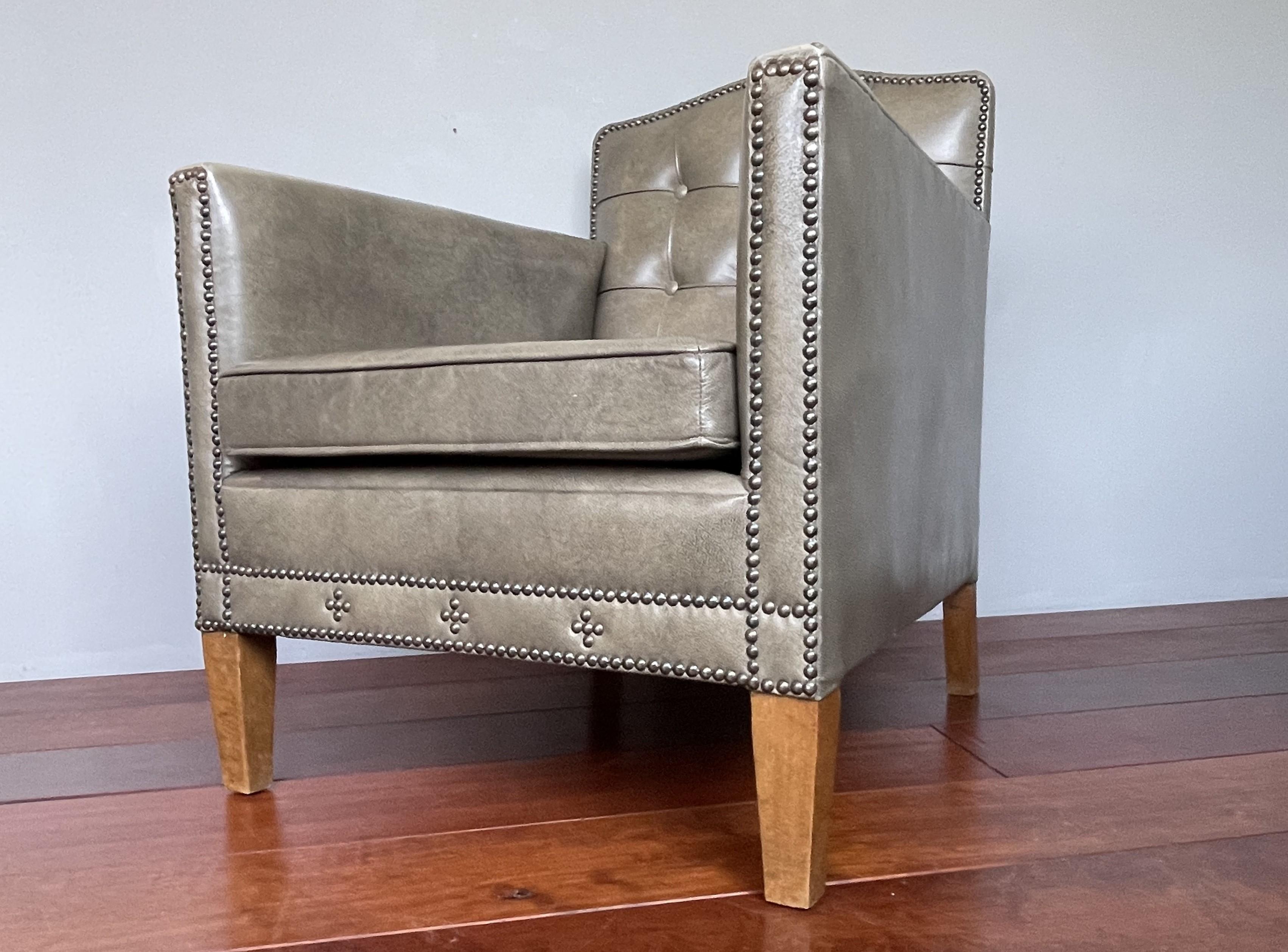 20th Century Stunning Art Deco Style Ladies Armchair Club Chair w. Grey Leather & Brass Nails For Sale