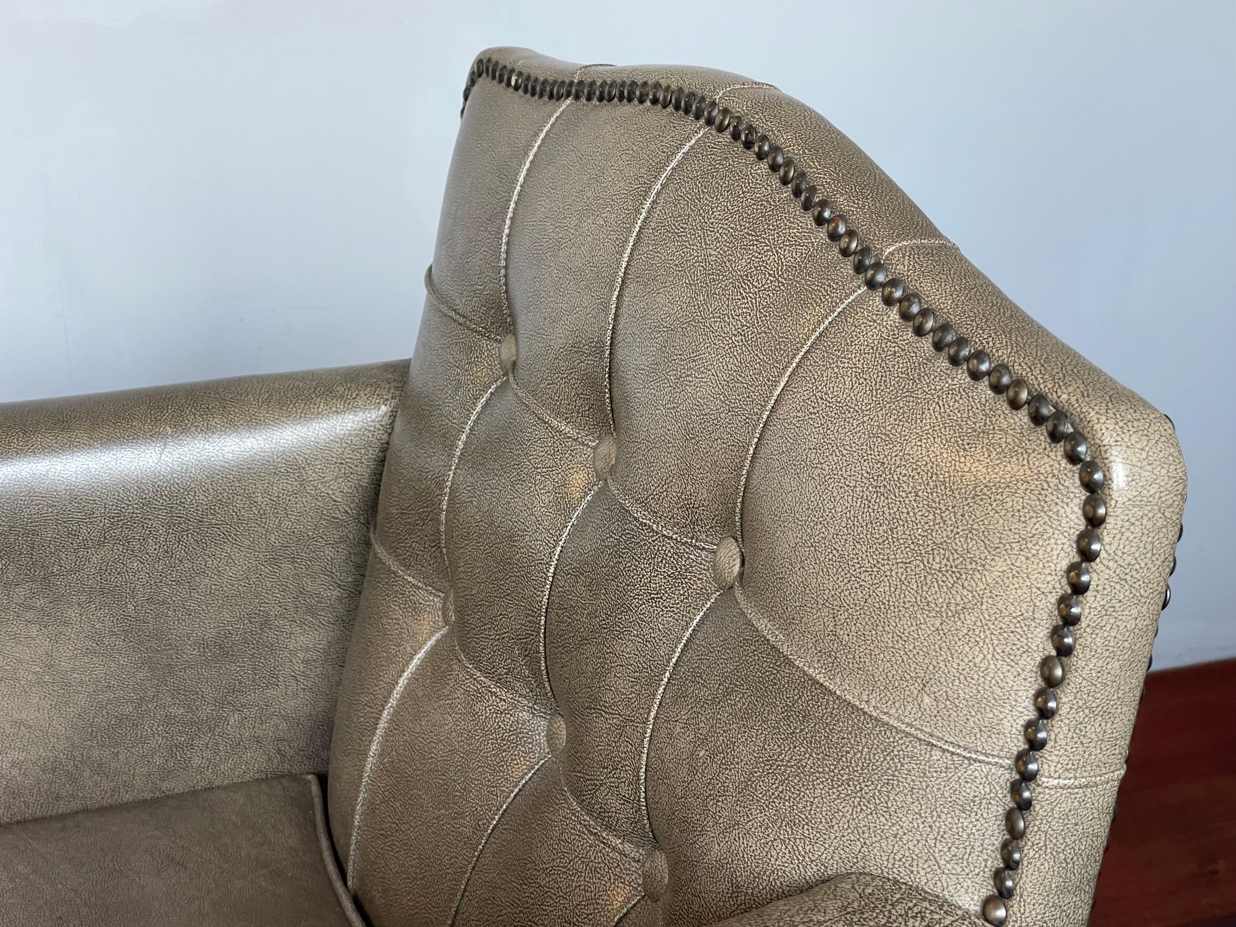 Stunning Art Deco Style Ladies Armchair Club Chair w. Grey Leather & Brass Nails For Sale 3