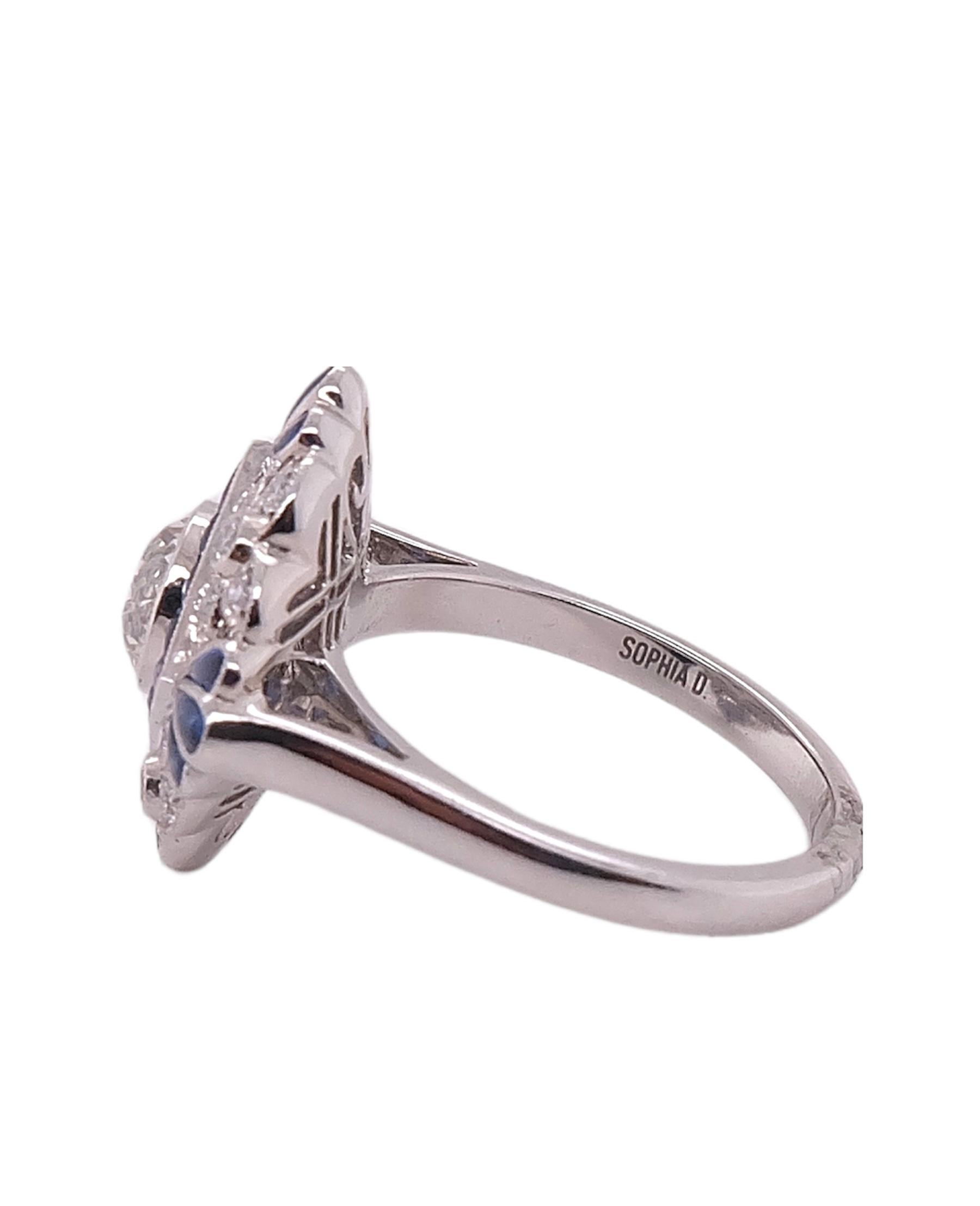 Round Cut Blue Sapphire and Diamond Art Deco Style Platinum Ring by Sophia D. For Sale