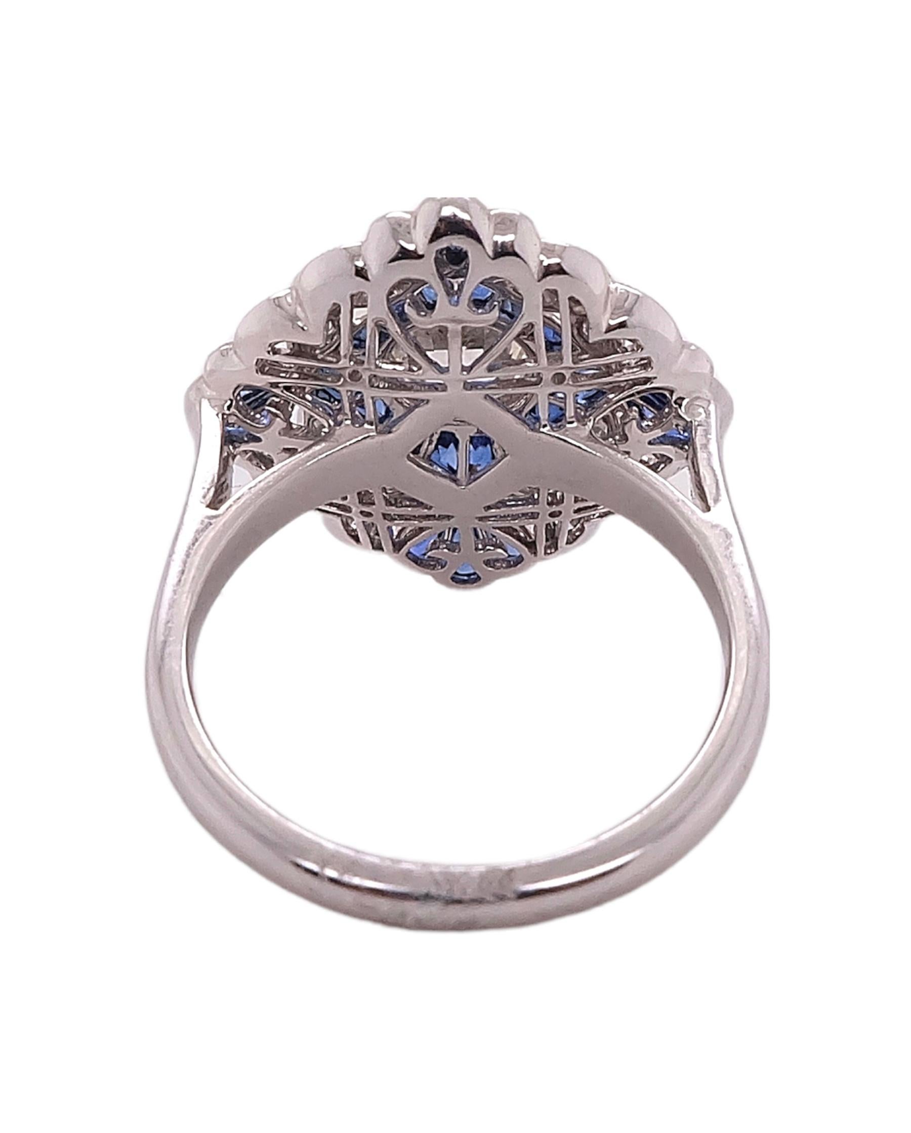 Blue Sapphire and Diamond Art Deco Style Platinum Ring by Sophia D. In New Condition For Sale In New York, NY