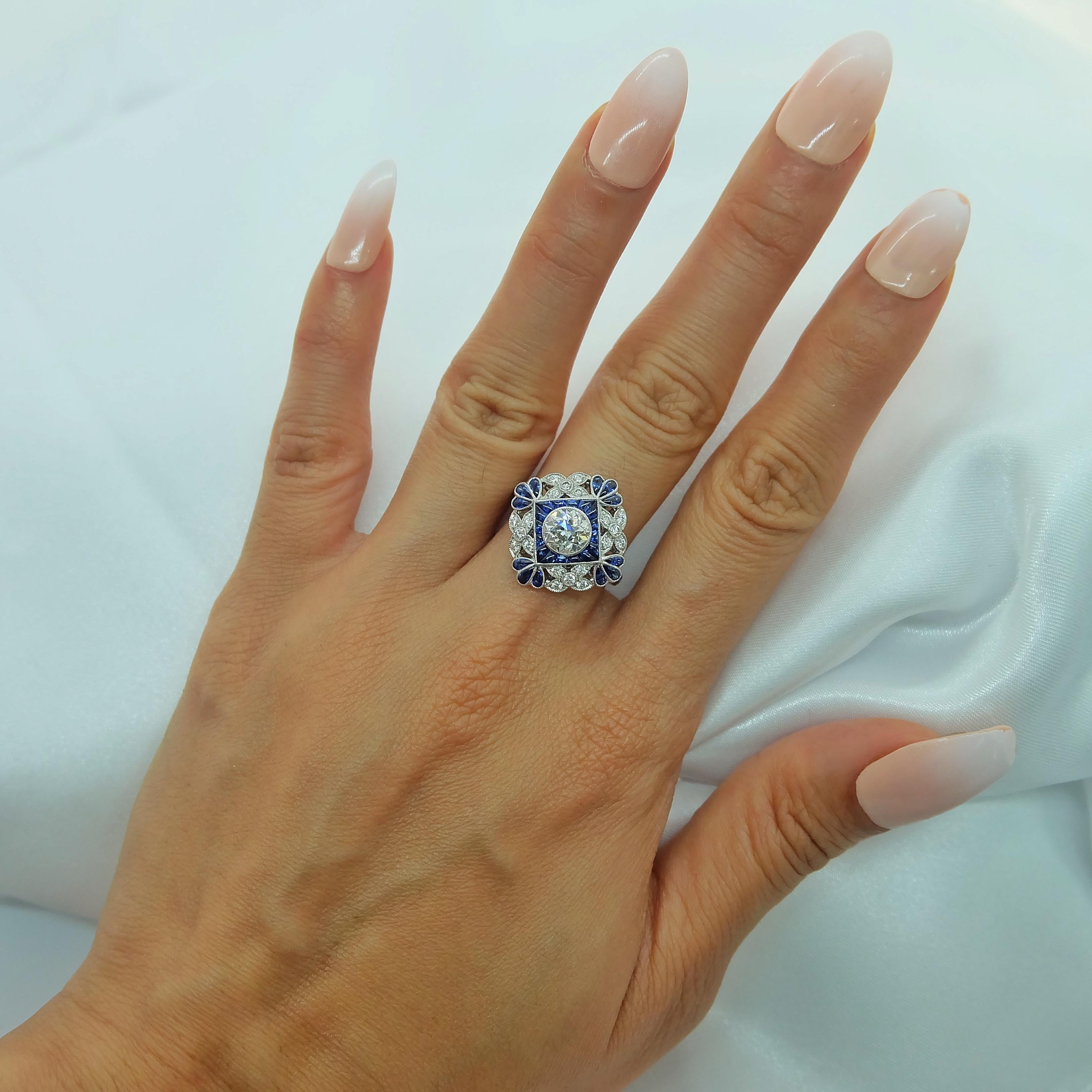 Platinring mit blauem Saphir und Diamant im Art-Déco-Stil von Sophia D. im Zustand „Neu“ im Angebot in New York, NY