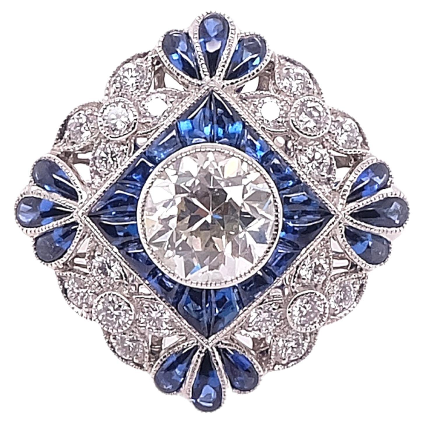 Bague en platine de style Art déco avec saphir bleu et diamants par Sophia D.