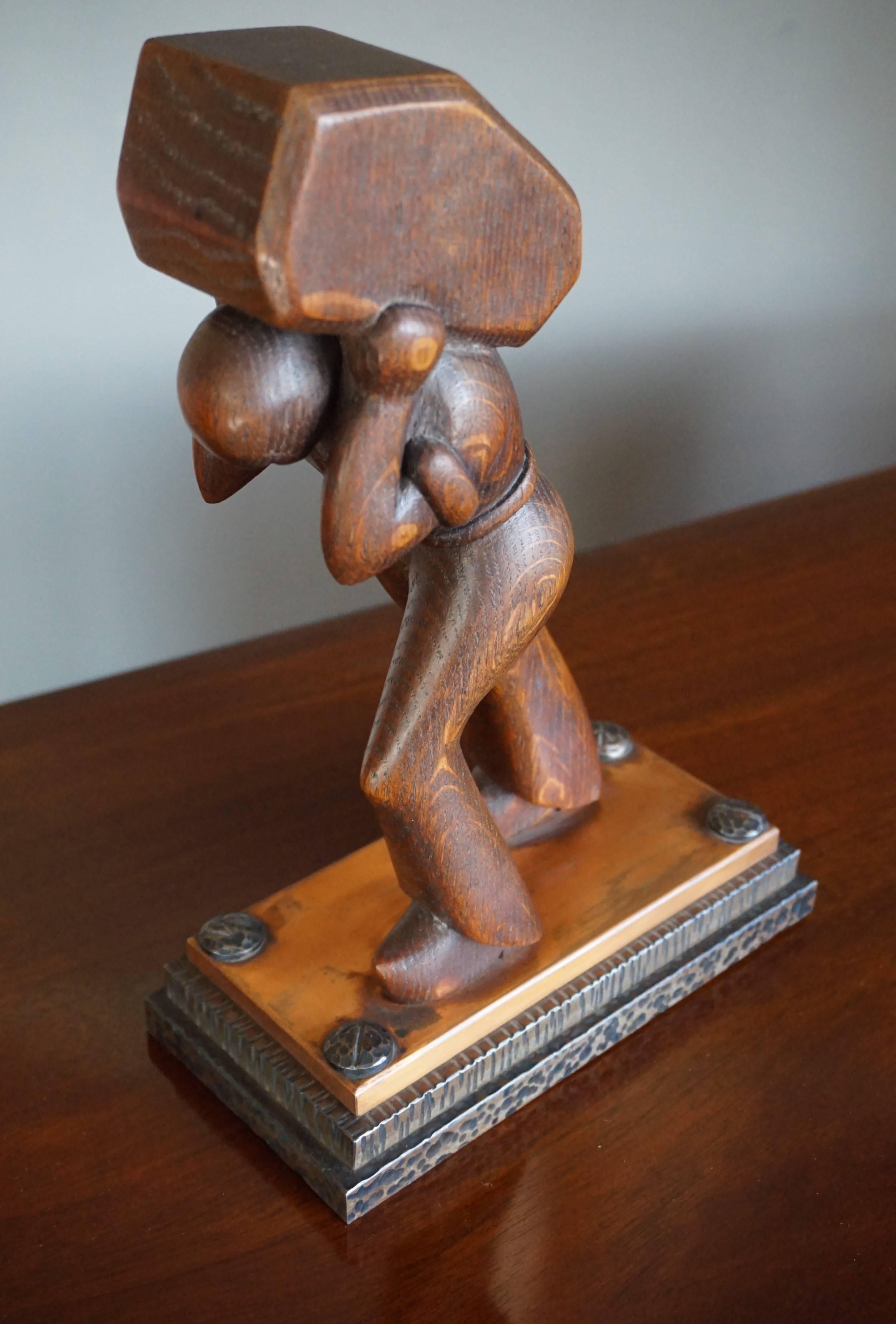 Stunning Art Deco Working Man Carrying a Hay Bale Sculpture on Brass & Iron Base For Sale 1