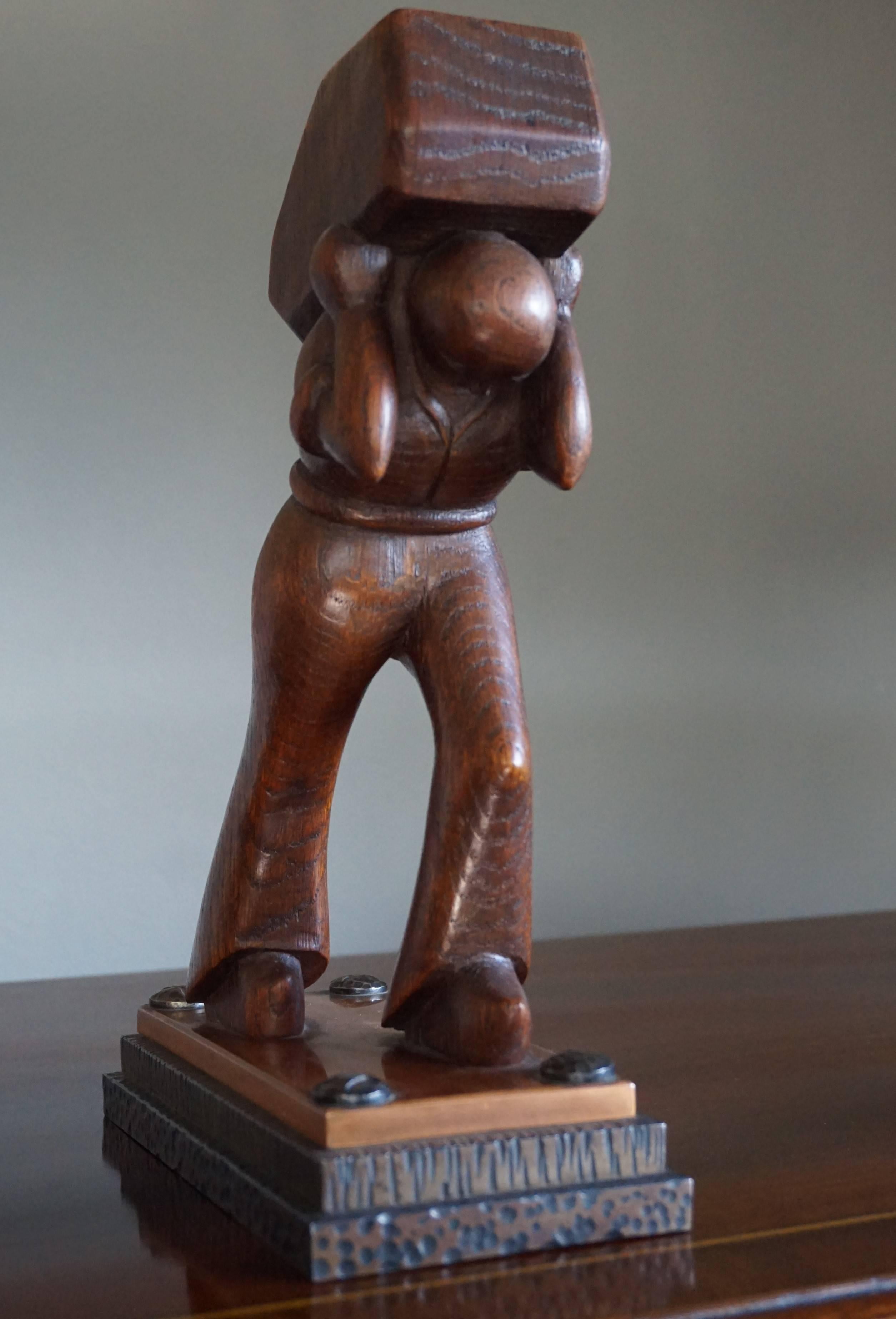 Stunning Art Deco Working Man Carrying a Hay Bale Sculpture on Brass & Iron Base For Sale 6