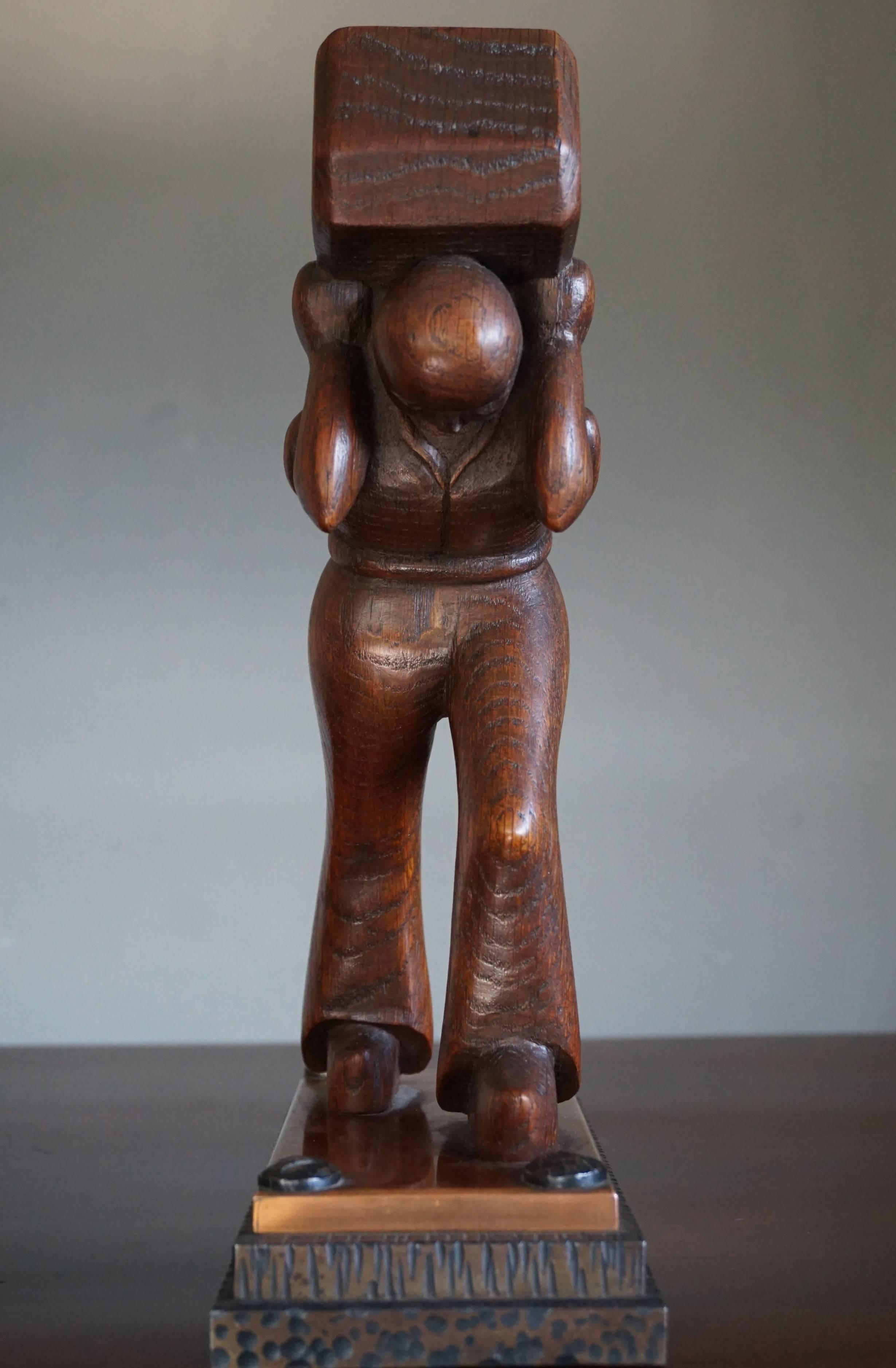 Stunning Art Deco Working Man Carrying a Hay Bale Sculpture on Brass & Iron Base For Sale 7