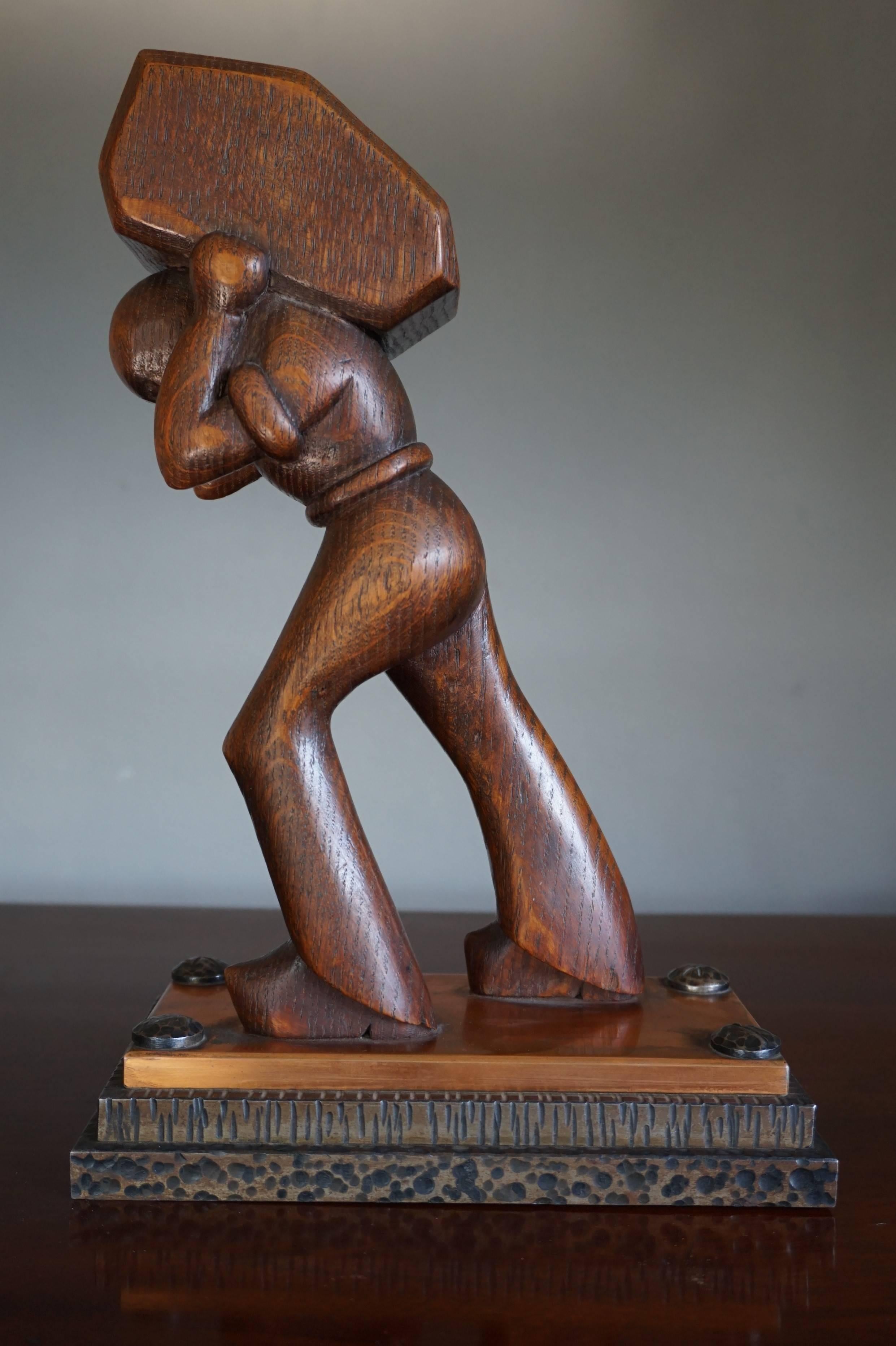 European Stunning Art Deco Working Man Carrying a Hay Bale Sculpture on Brass & Iron Base For Sale