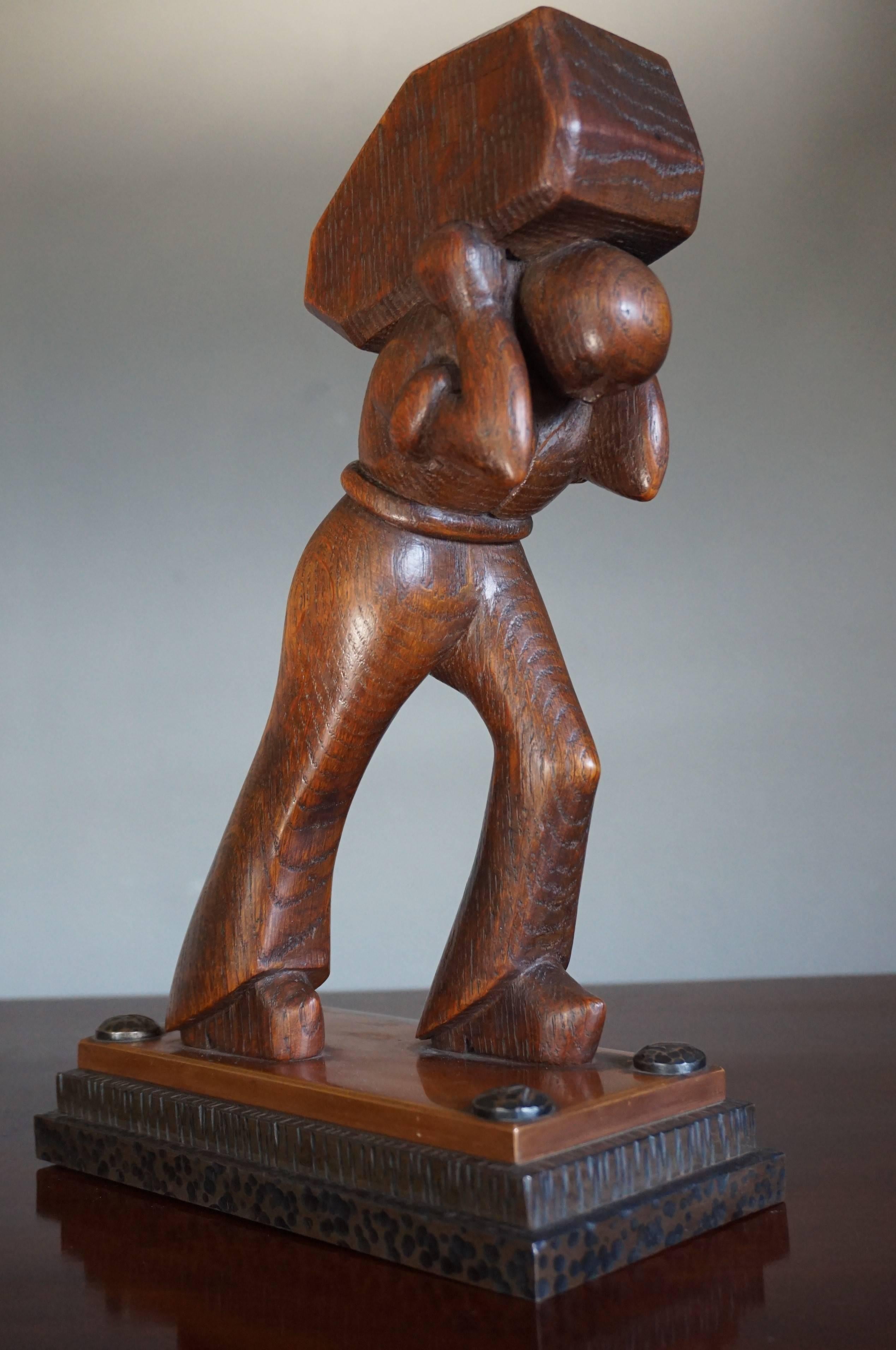 Hand-Crafted Stunning Art Deco Working Man Carrying a Hay Bale Sculpture on Brass & Iron Base For Sale