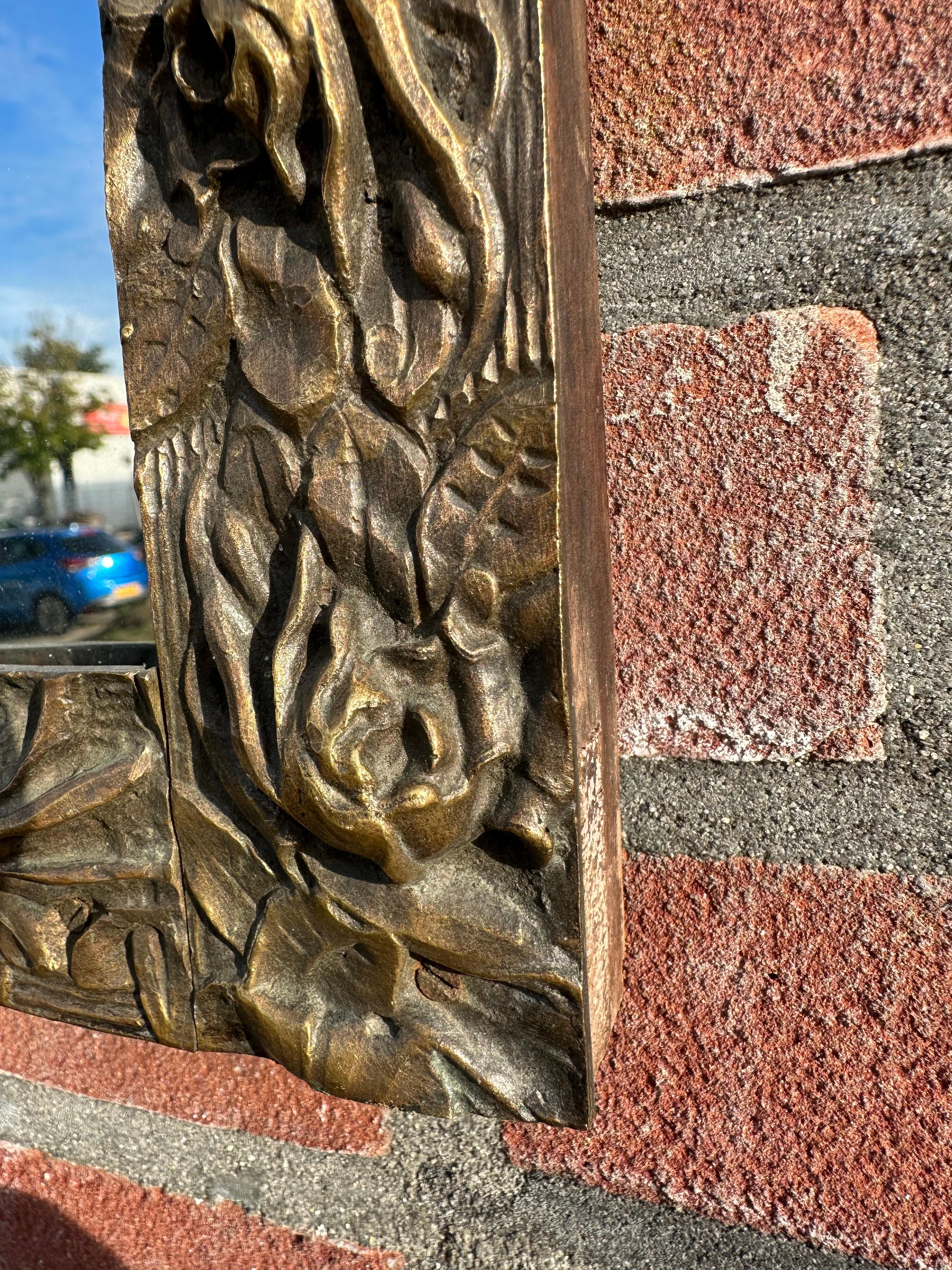 One of a Kind Art Nouveau Bronze Wall Mirror with Stylish Floral Design Frame For Sale 1