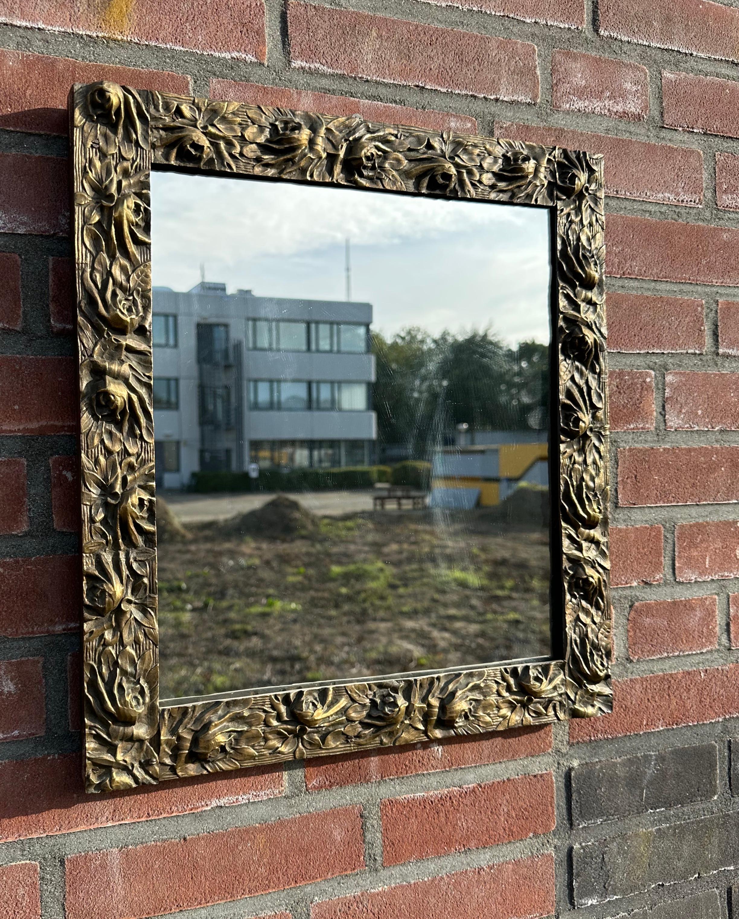 One of a Kind Art Nouveau Bronze Wall Mirror with Stylish Floral Design Frame For Sale 3