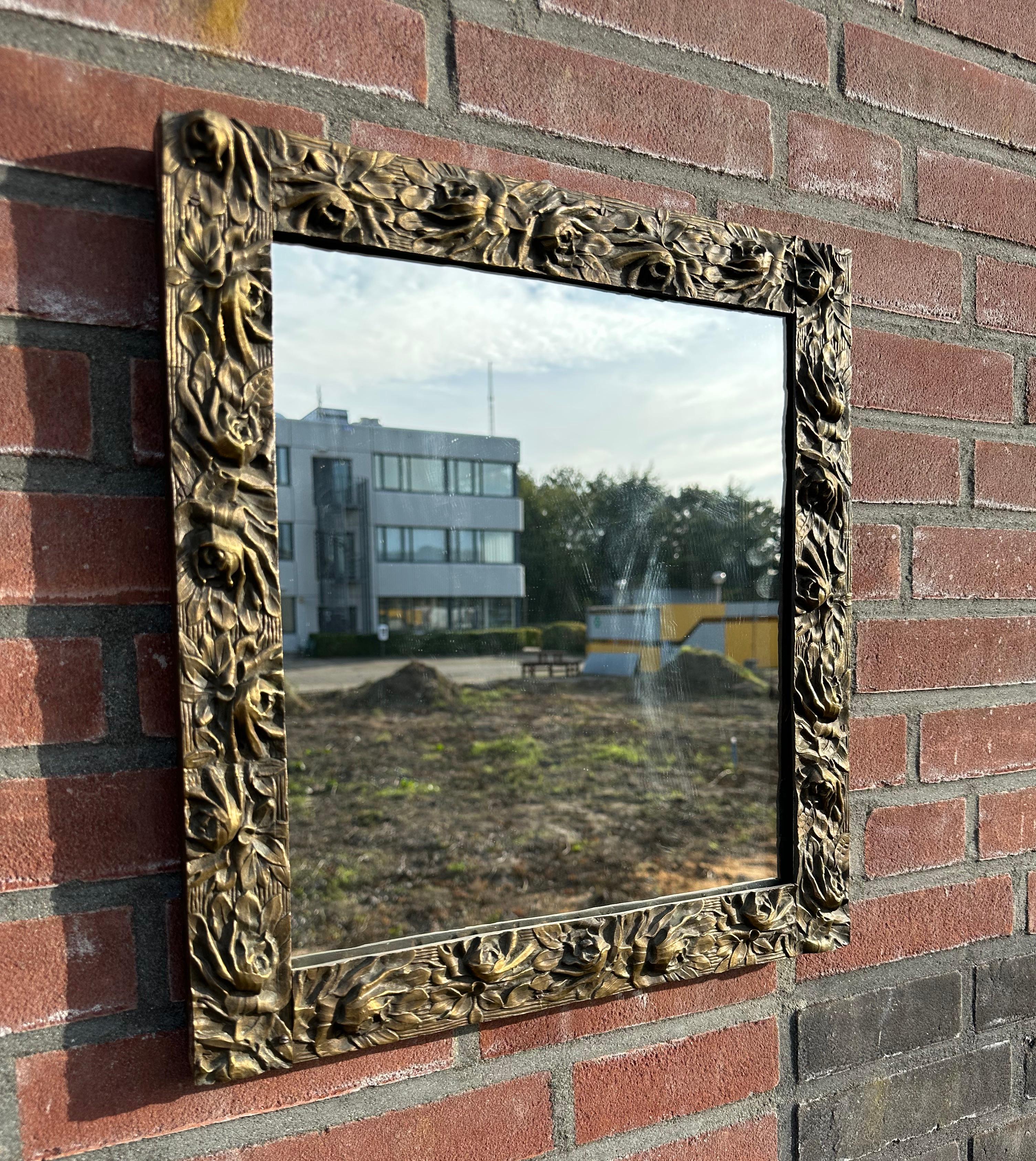 One of a Kind Art Nouveau Bronze Wall Mirror with Stylish Floral Design Frame For Sale 7