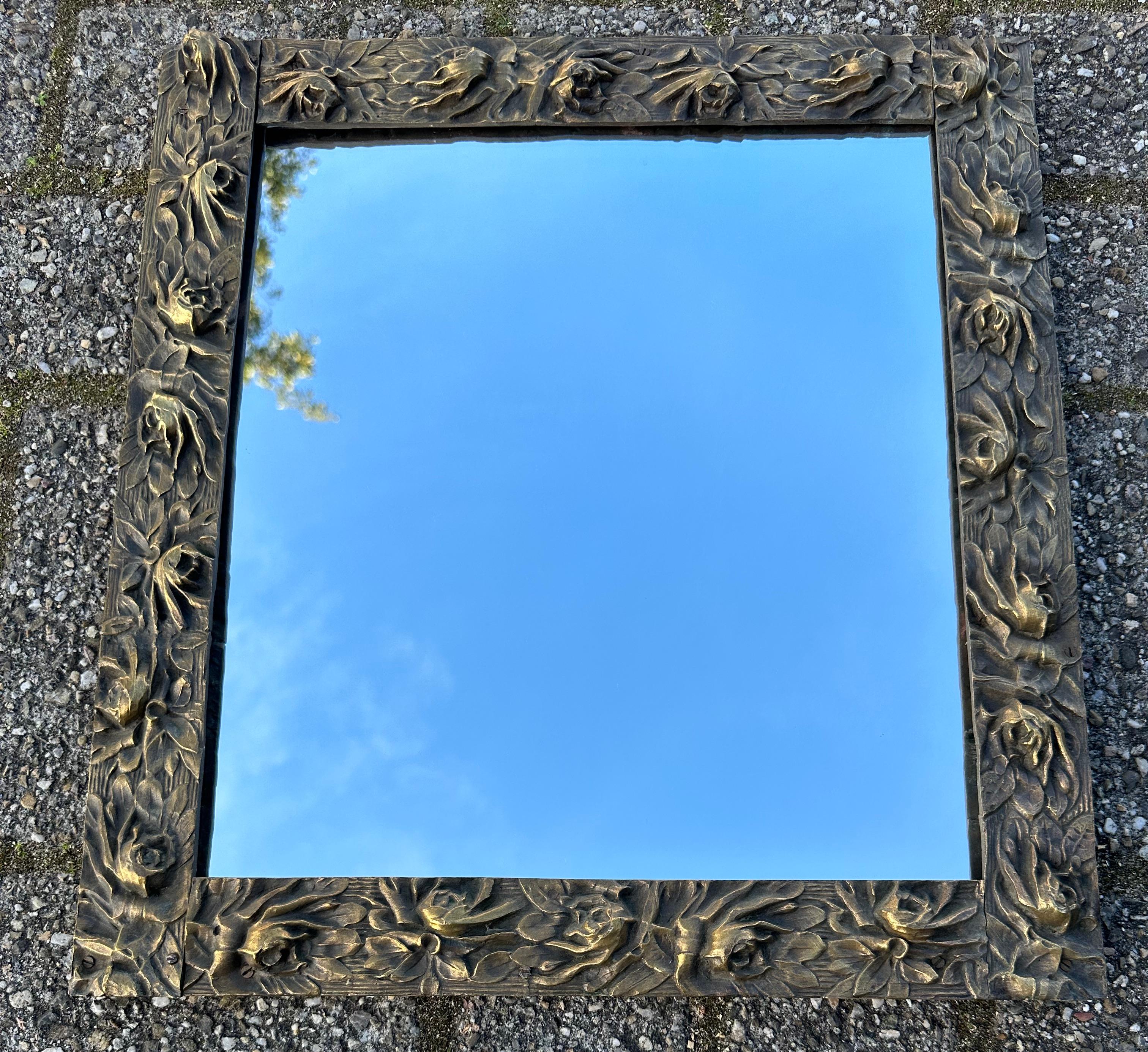Pine One of a Kind Art Nouveau Bronze Wall Mirror with Stylish Floral Design Frame For Sale