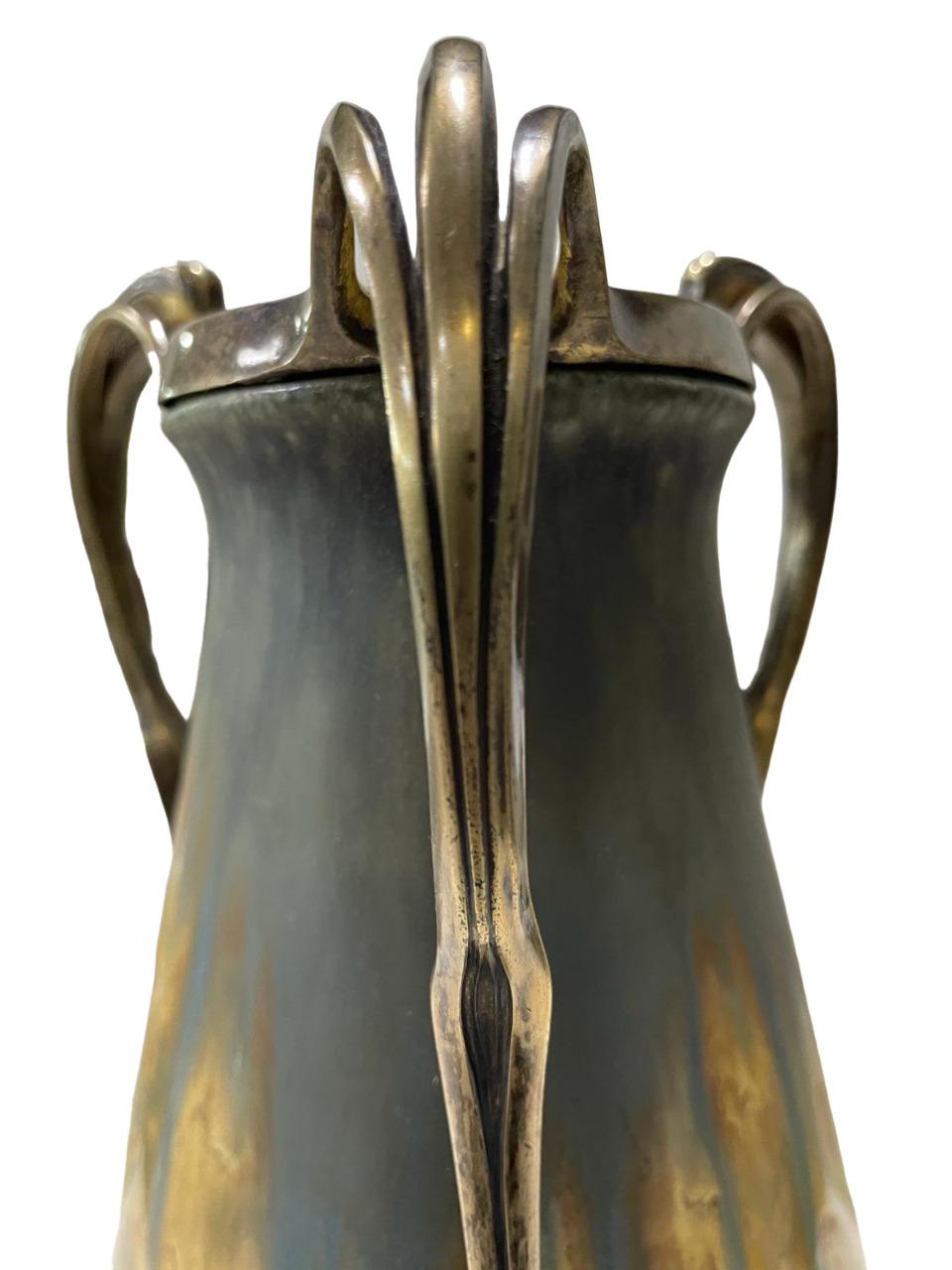 STUNNING Art Nouveau ORIVIT Vergoldete Bronze montierte glasierte Keramik VASE 1894 (Art nouveau) im Angebot