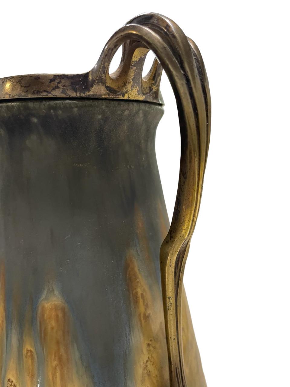 STUNNING Art Nouveau ORIVIT Vergoldete Bronze montierte glasierte Keramik VASE 1894 (Deutsch) im Angebot