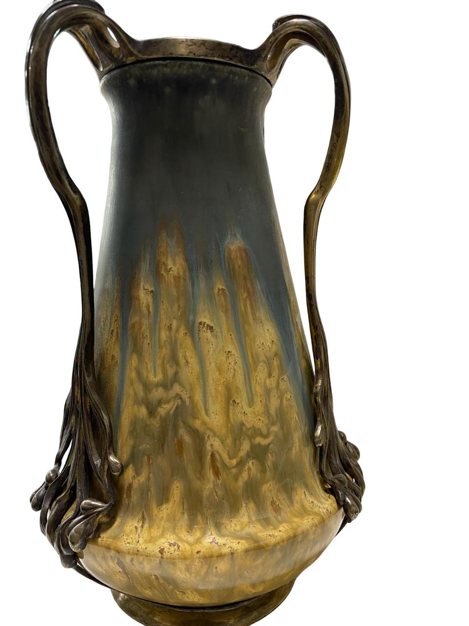 Doré STUNNING Art Nouveau ORIVIT monté sur bronze doré et céramique émaillée VASE 1894 en vente