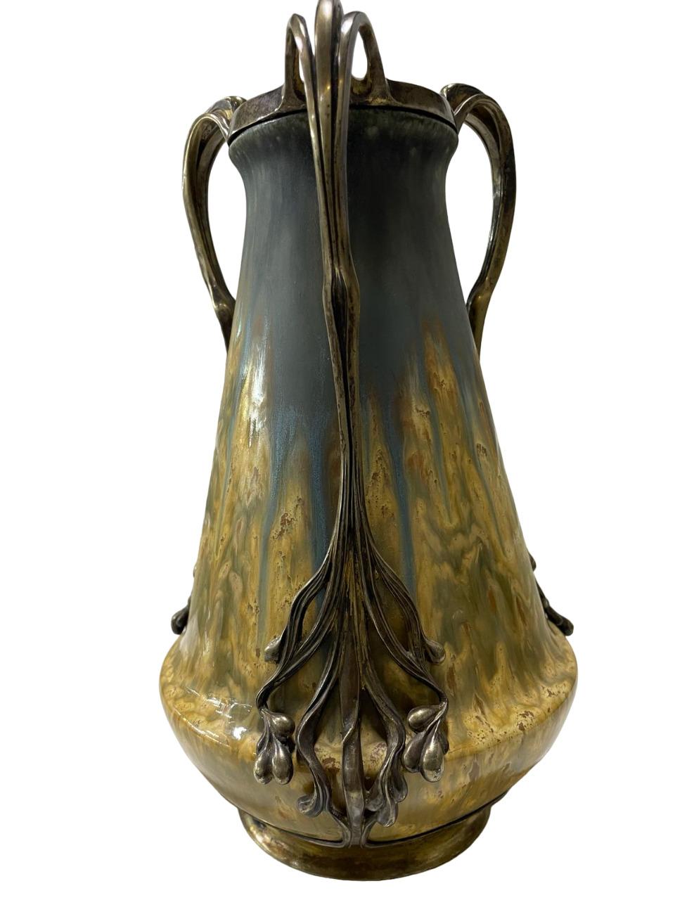 STUNNING Art Nouveau ORIVIT Vergoldete Bronze montierte glasierte Keramik VASE 1894 im Angebot 1