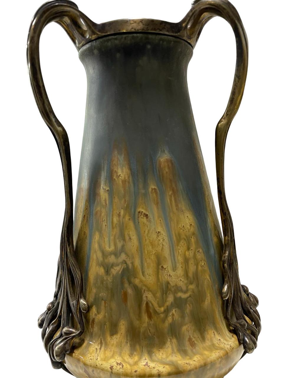 STUNNING Art Nouveau ORIVIT Vergoldete Bronze montierte glasierte Keramik VASE 1894 im Angebot 2