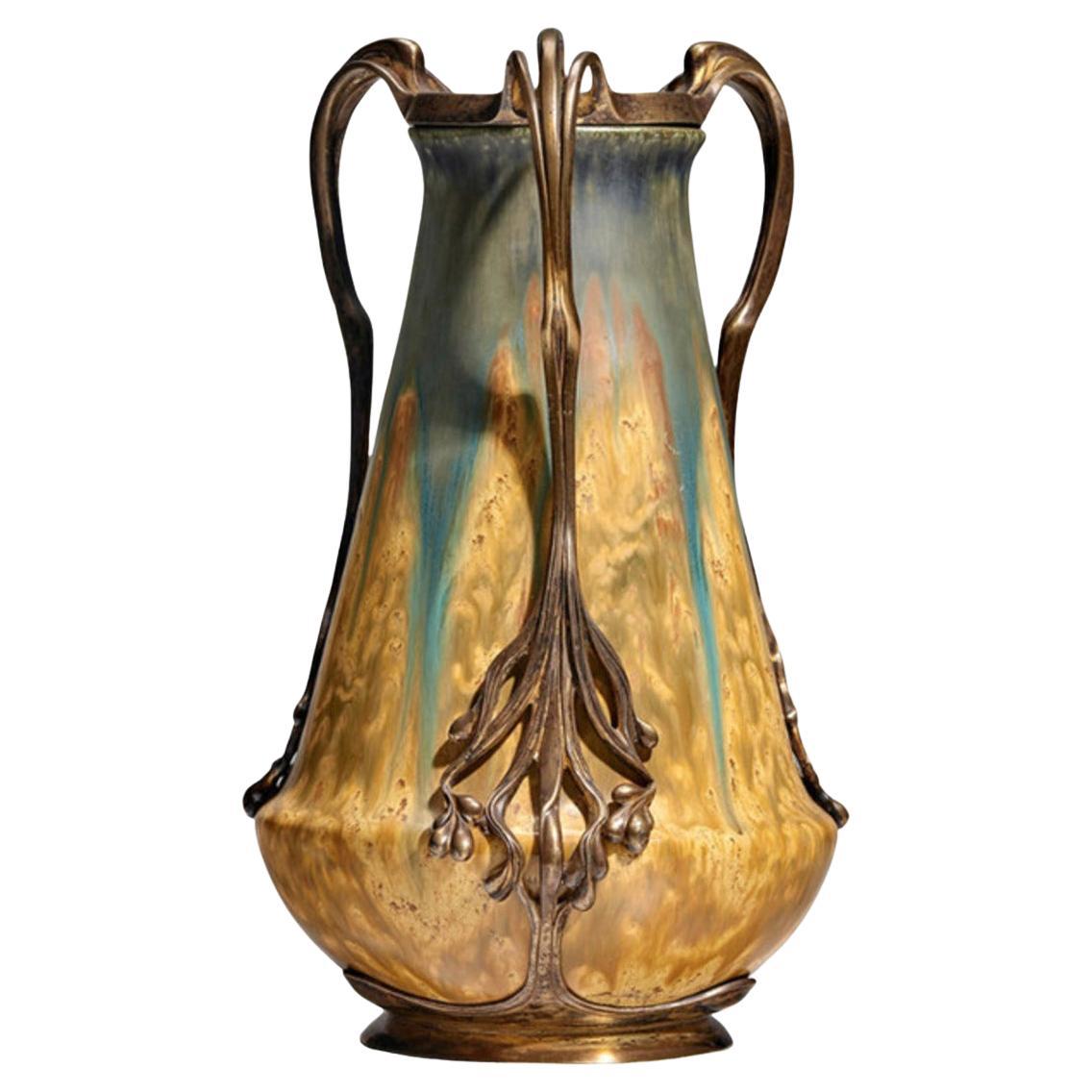 STUNNING Art Nouveau ORIVIT Vergoldete Bronze montierte glasierte Keramik VASE 1894 im Angebot