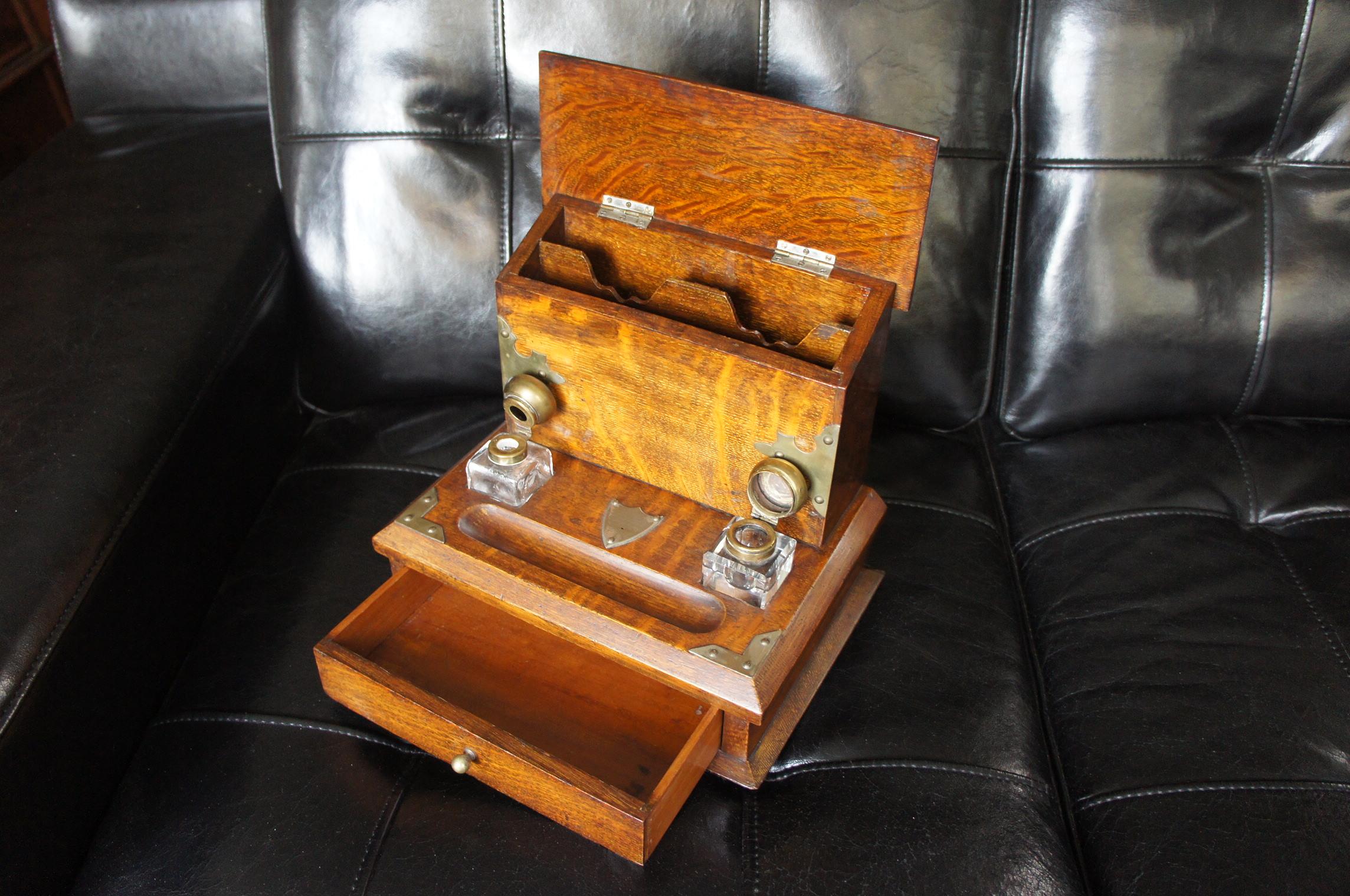 Brass Stunning Arts & Crafts Era Oak Stationary Box with Glass Inkwells & Letter Rack