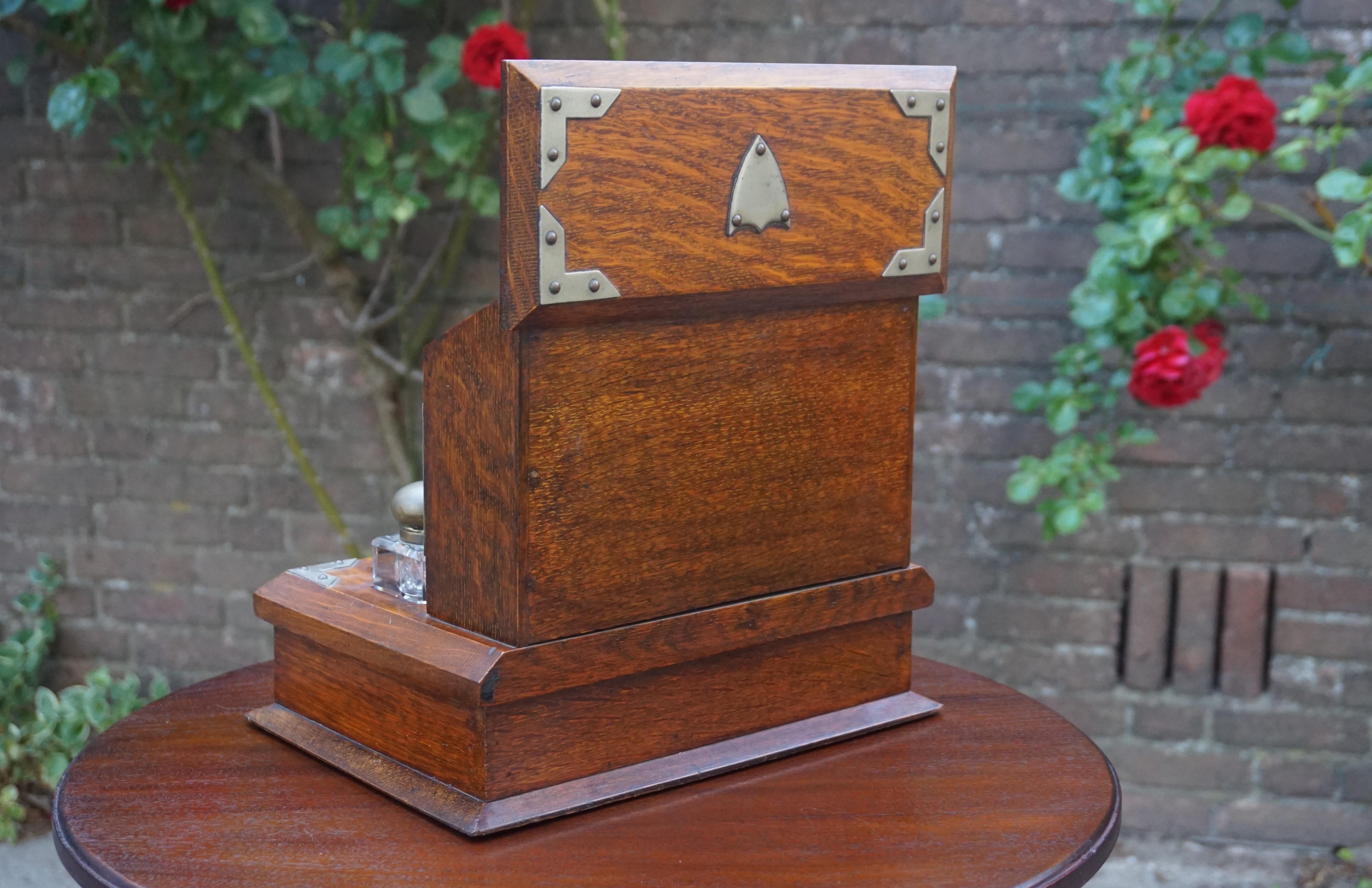 Stunning Arts & Crafts Era Oak Stationary Box with Glass Inkwells & Letter Rack 1