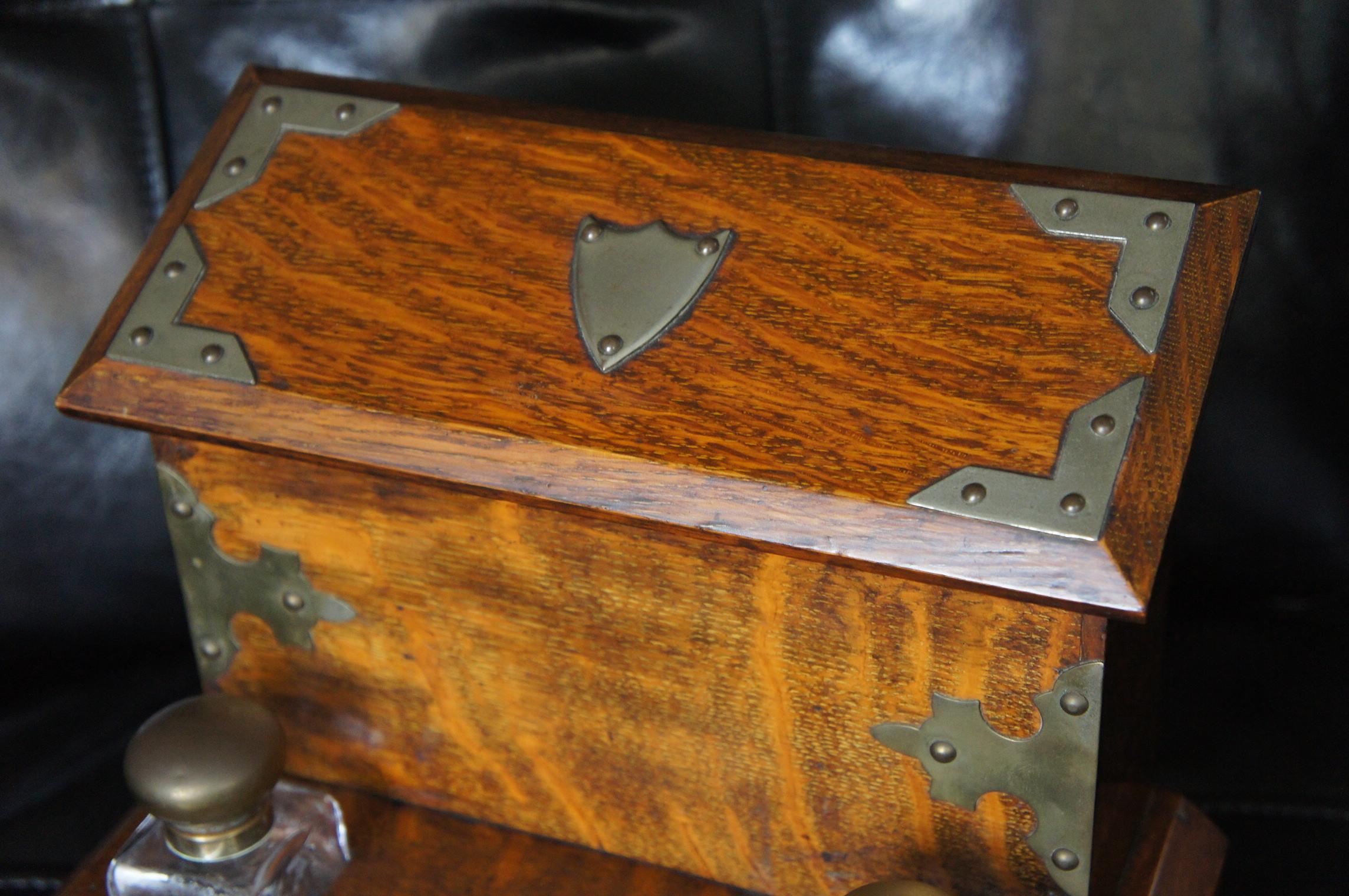 Stunning Arts & Crafts Era Oak Stationary Box with Glass Inkwells & Letter Rack 2