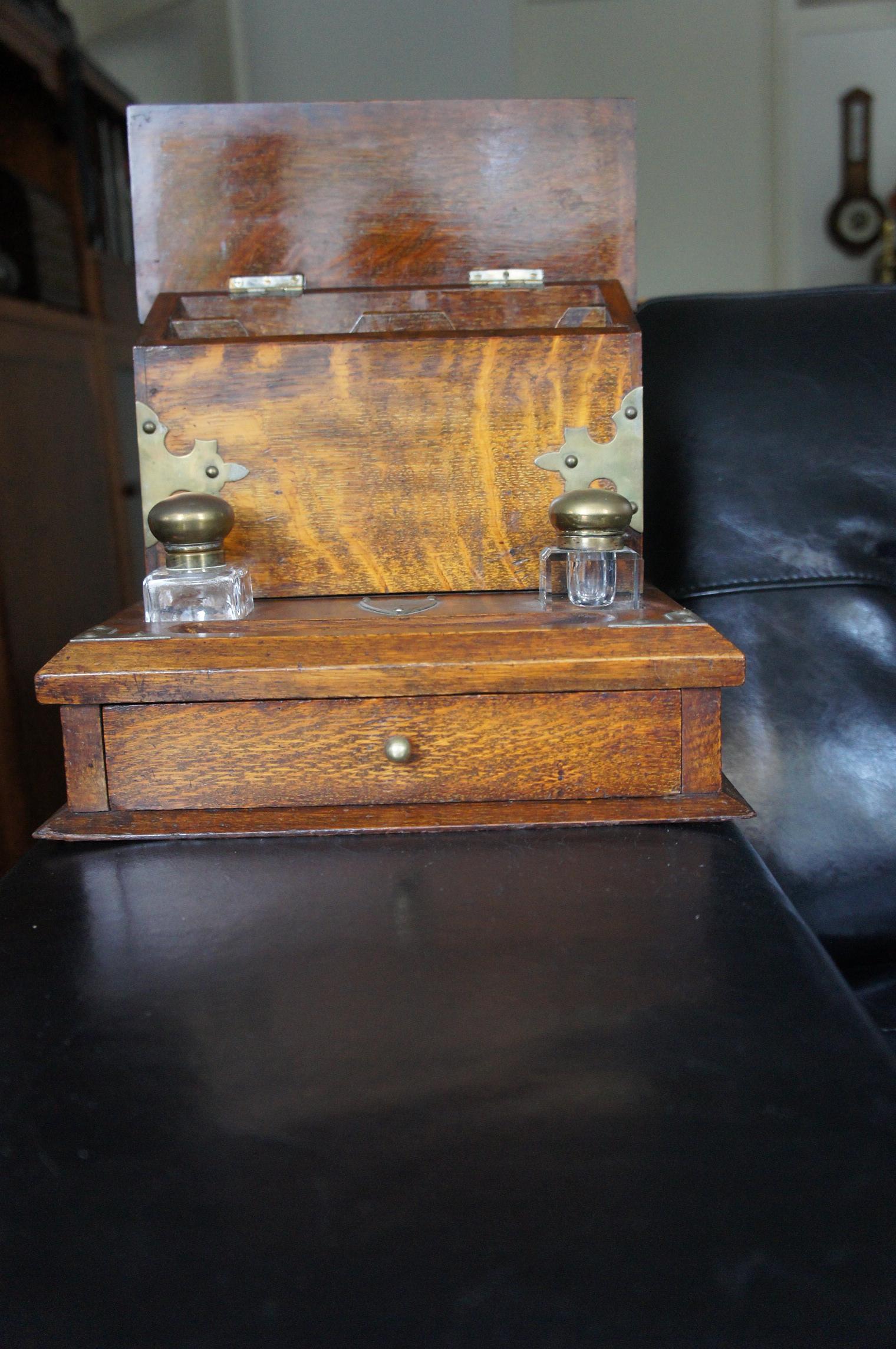 Stunning Arts & Crafts Era Oak Stationary Box with Glass Inkwells & Letter Rack 3