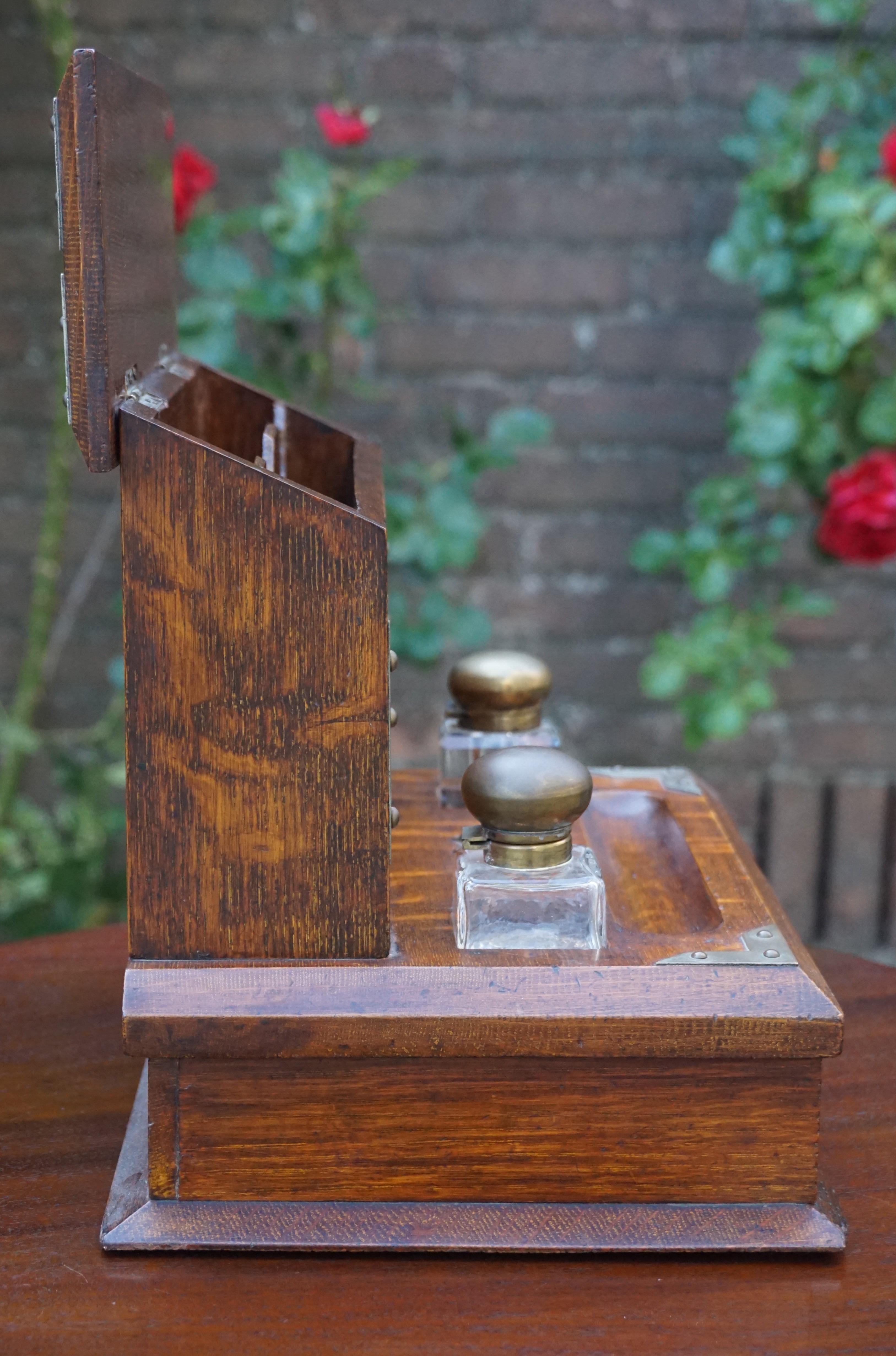 Stunning Arts & Crafts Era Oak Stationary Box with Glass Inkwells & Letter Rack 4