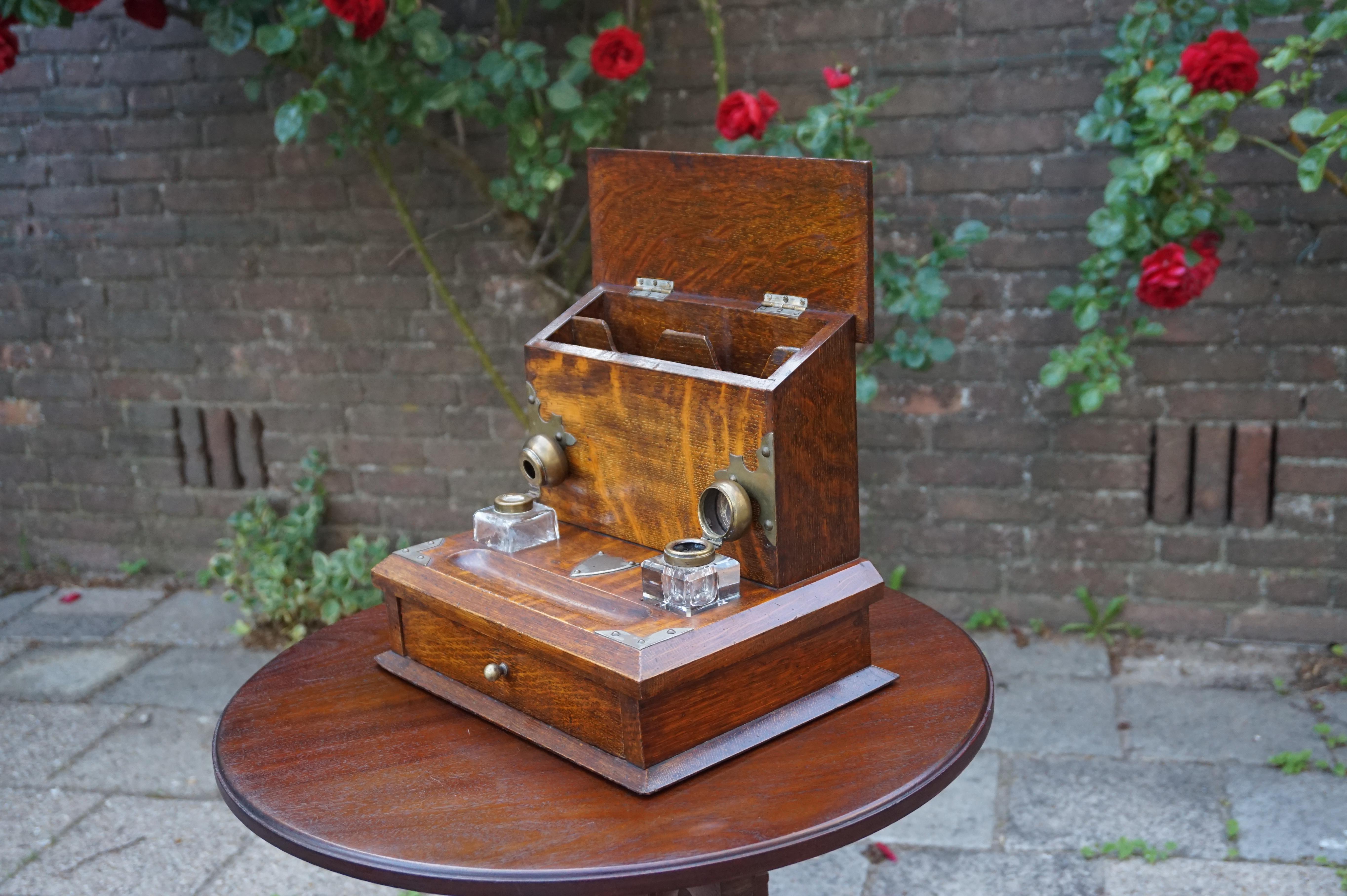 Stunning Arts & Crafts Era Oak Stationary Box with Glass Inkwells & Letter Rack 6