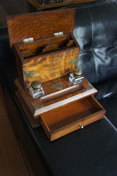 Stunning Arts & Crafts Era Oak Stationary Box with Glass Inkwells & Letter Rack
