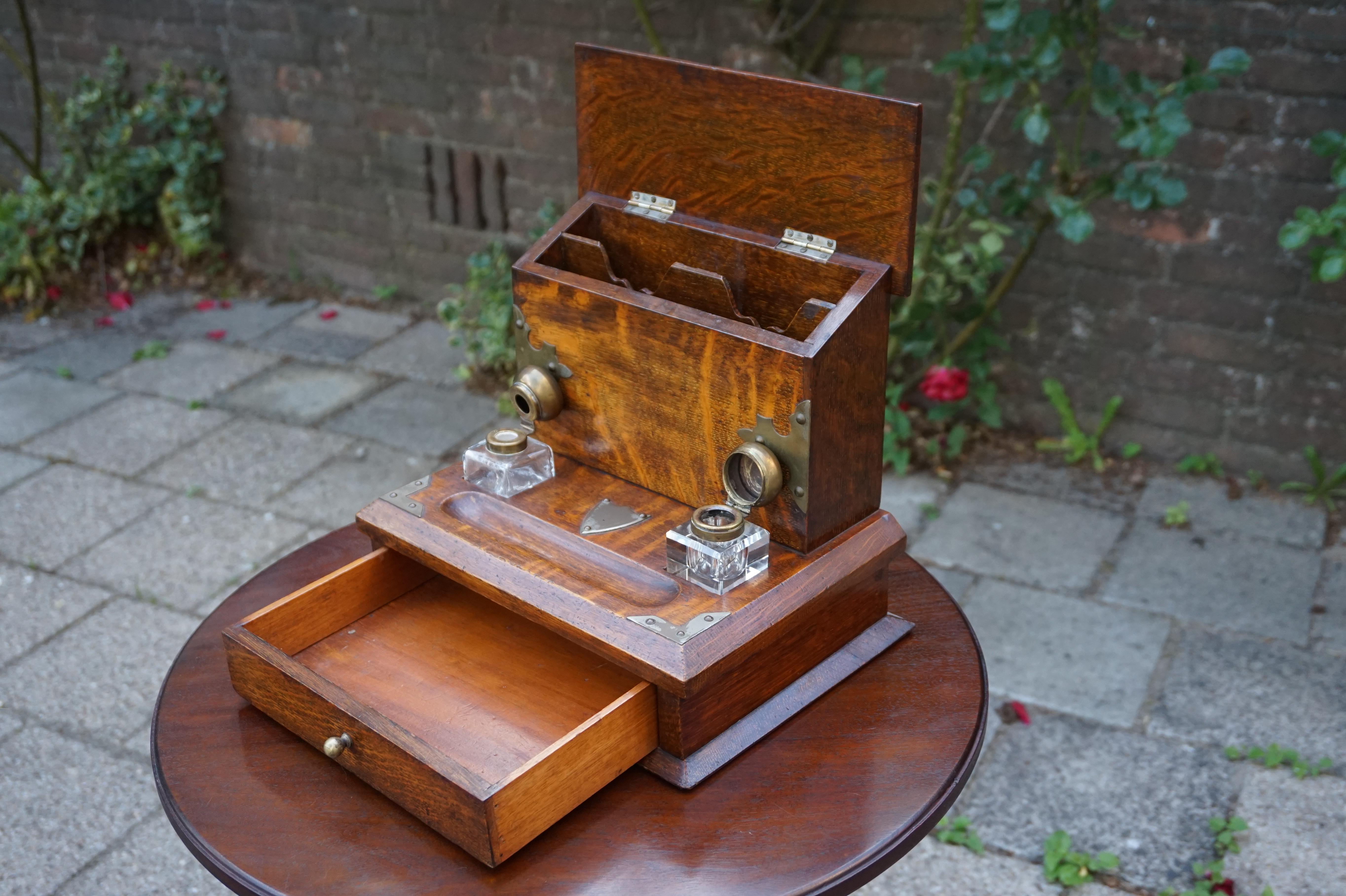 Arts and Crafts Stunning Arts & Crafts Era Oak Stationary Box with Glass Inkwells & Letter Rack