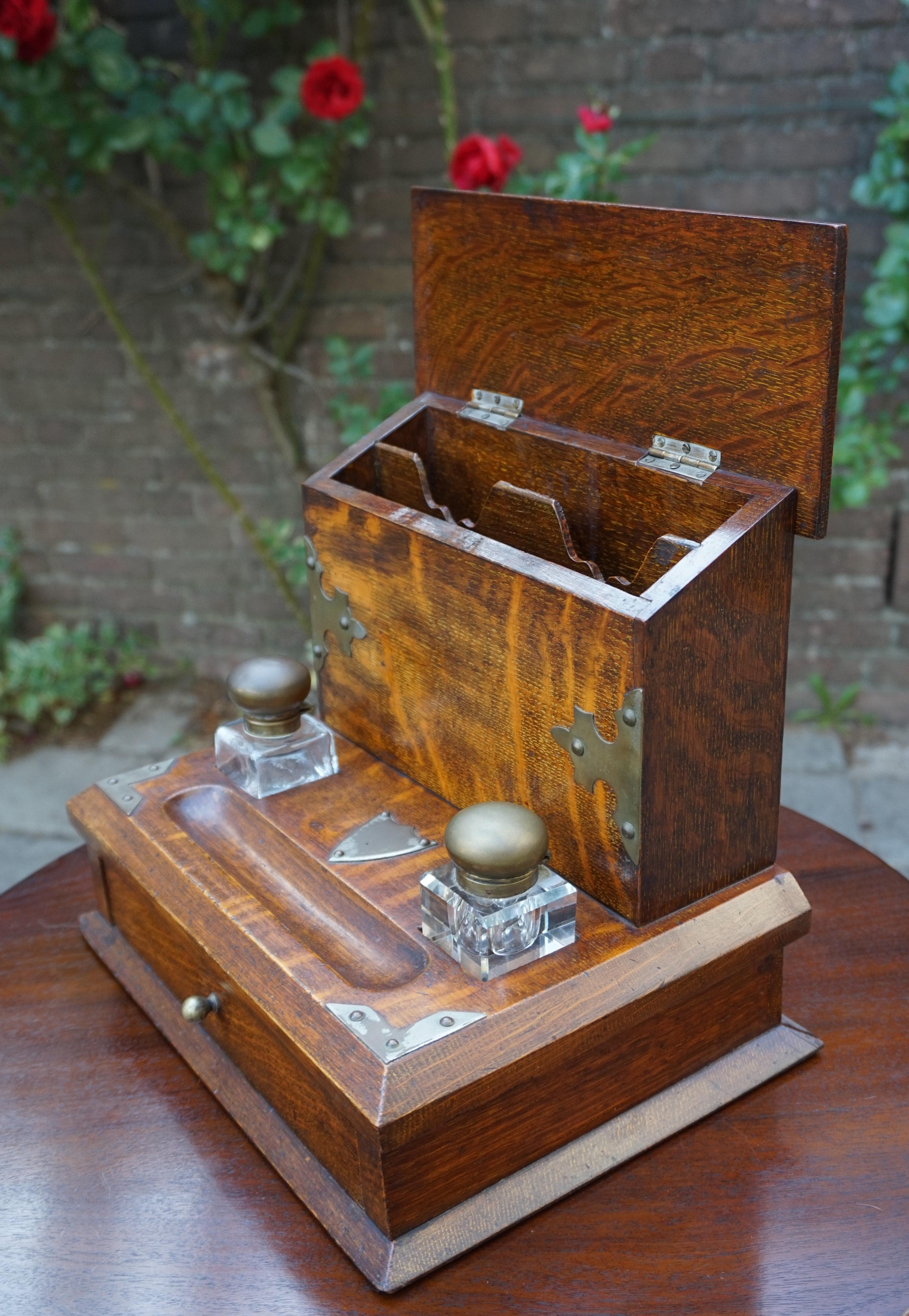 European Stunning Arts & Crafts Era Oak Stationary Box with Glass Inkwells & Letter Rack