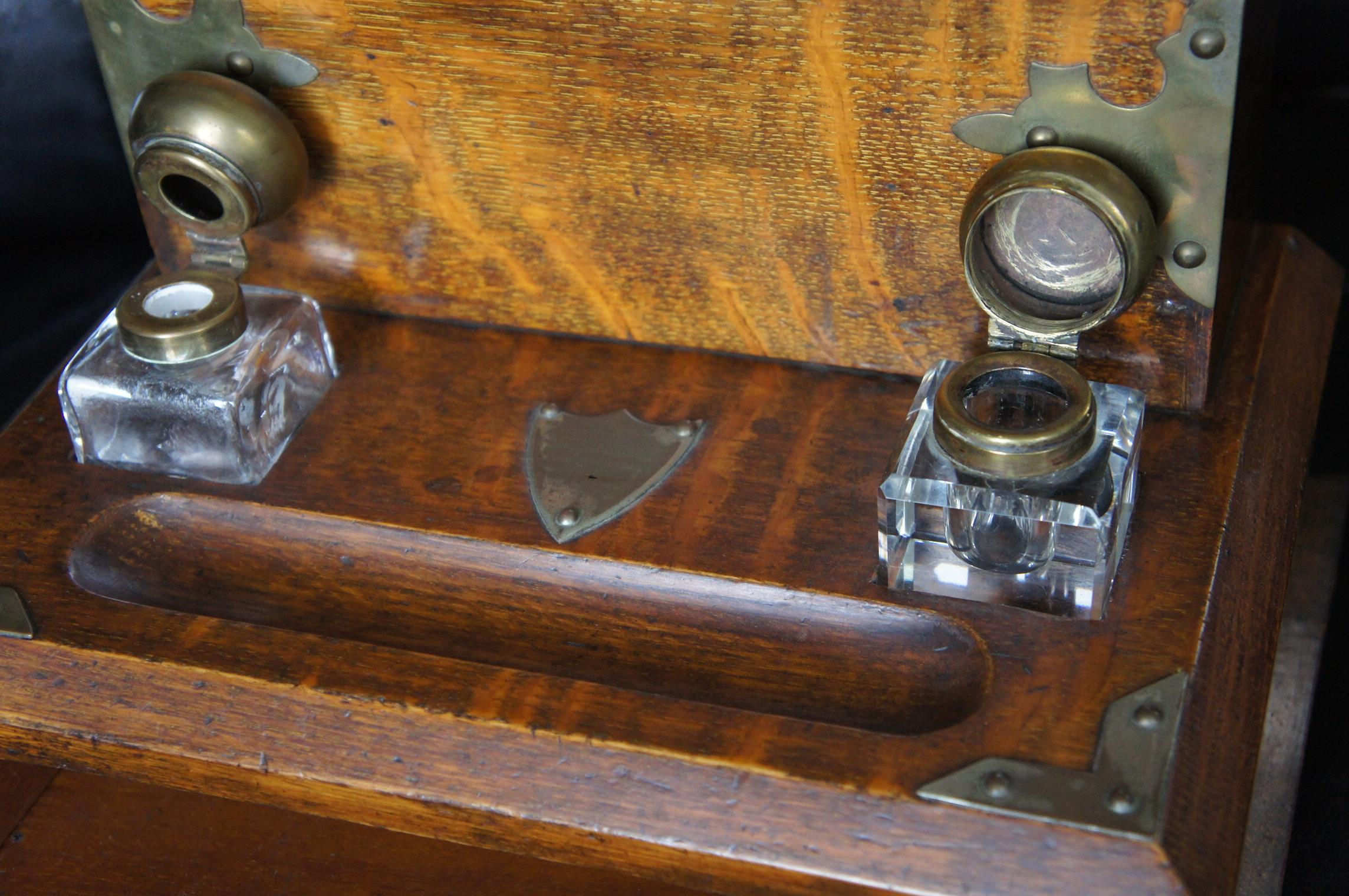 Hand-Crafted Stunning Arts & Crafts Era Oak Stationary Box with Glass Inkwells & Letter Rack