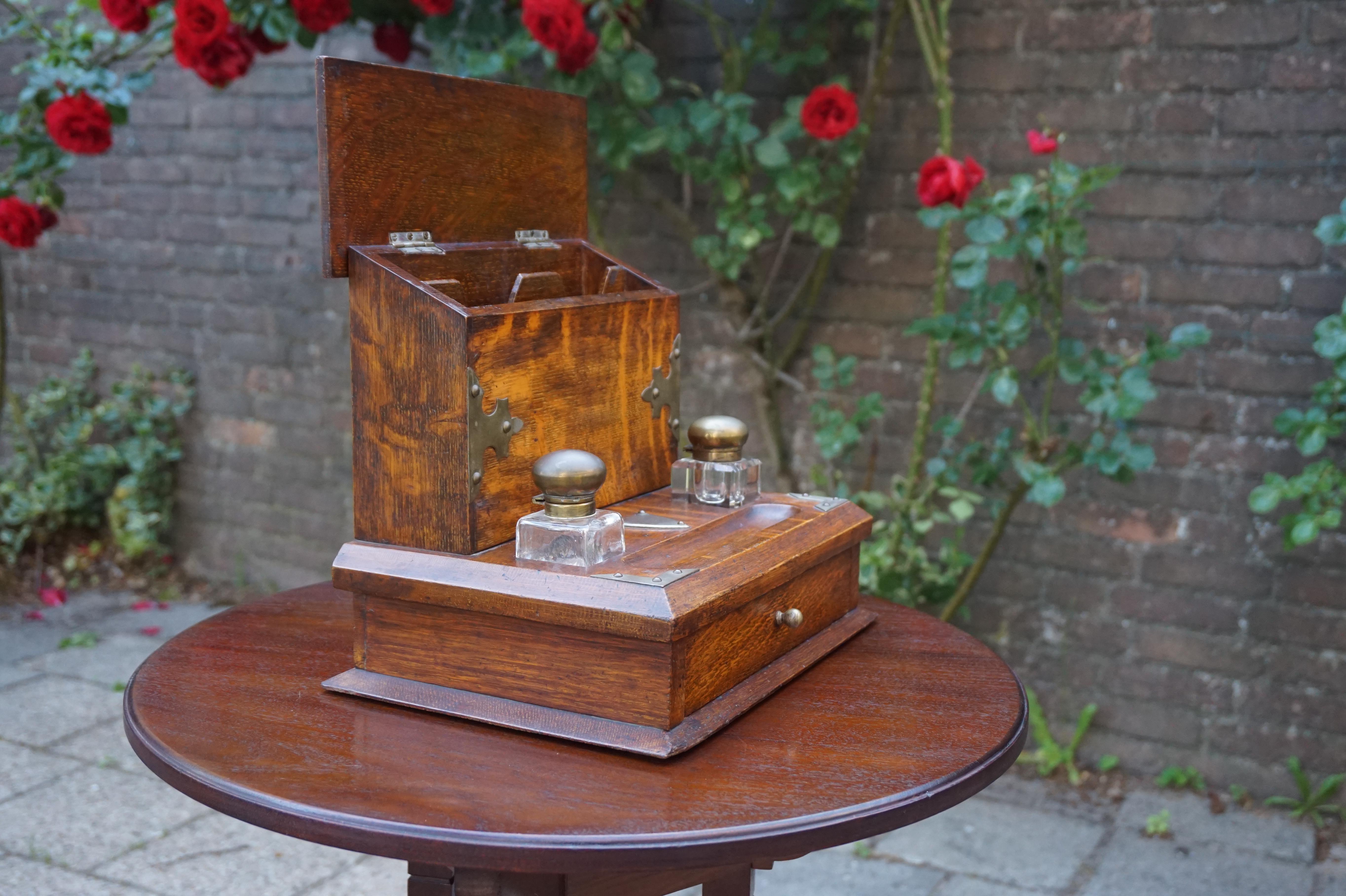 20th Century Stunning Arts & Crafts Era Oak Stationary Box with Glass Inkwells & Letter Rack