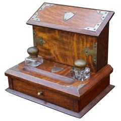 Stunning Arts & Crafts Era Oak Stationary Box with Glass Inkwells & Letter Rack