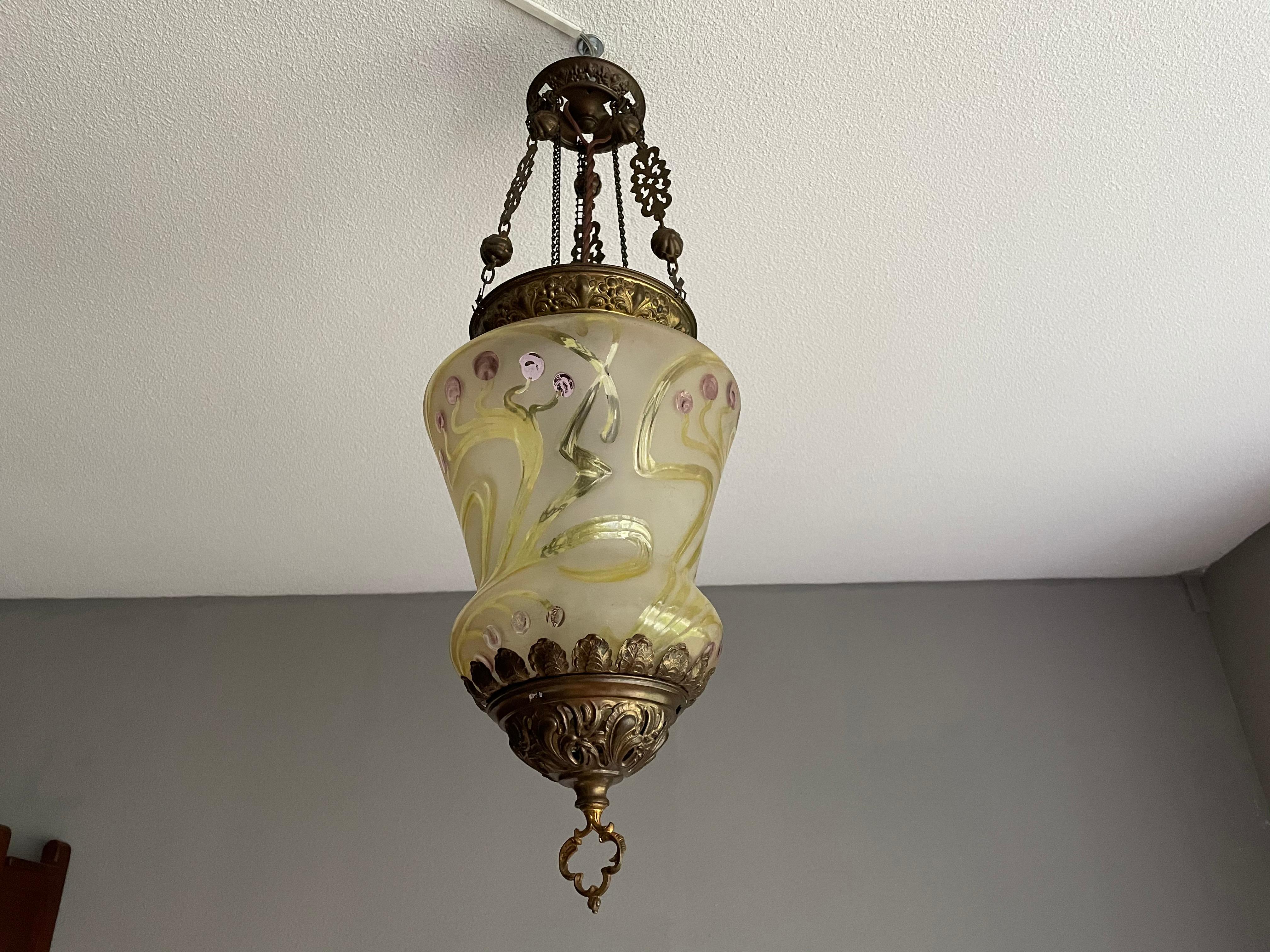 Stunning Arts & Crafts Gothic Brass & Mouth Blown Art Glass Pendant / Lantern 3