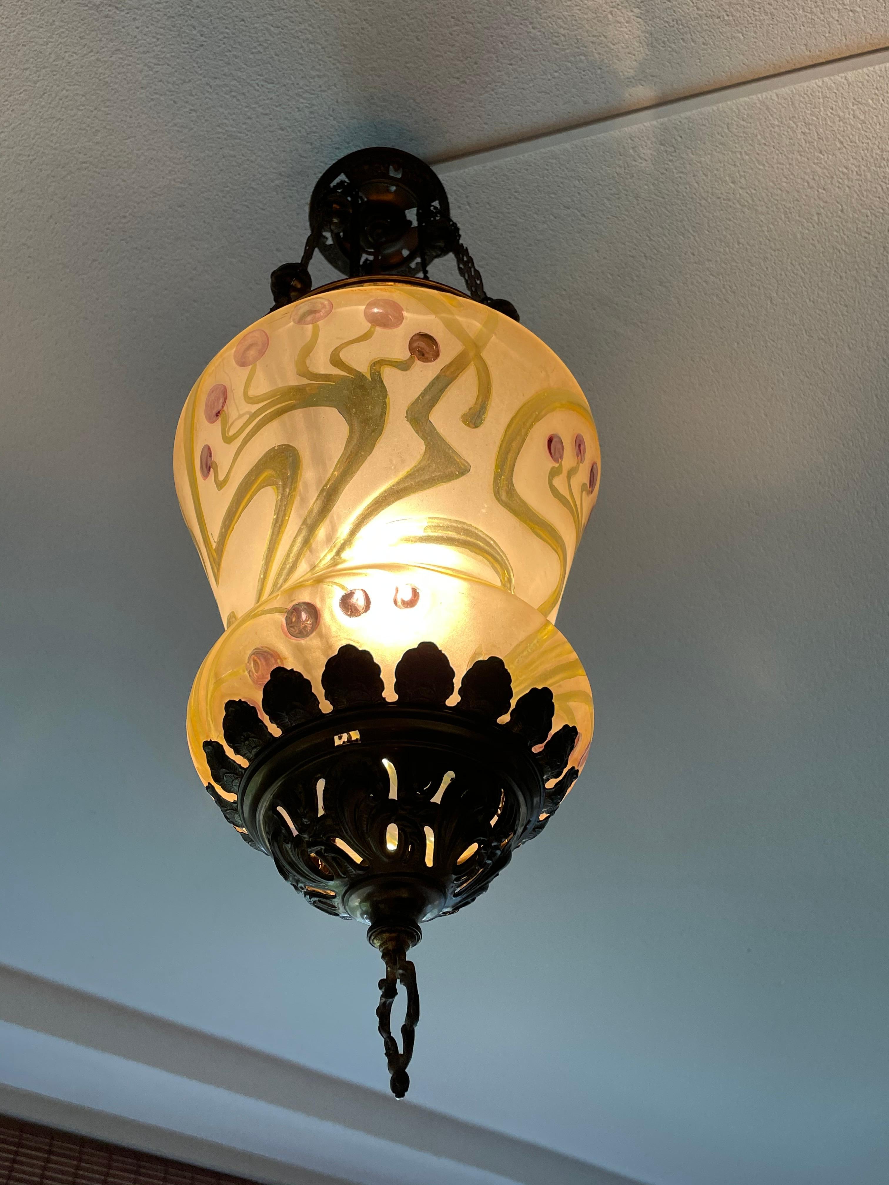Stunning Arts & Crafts Gothic Brass & Mouth Blown Art Glass Pendant / Lantern 5