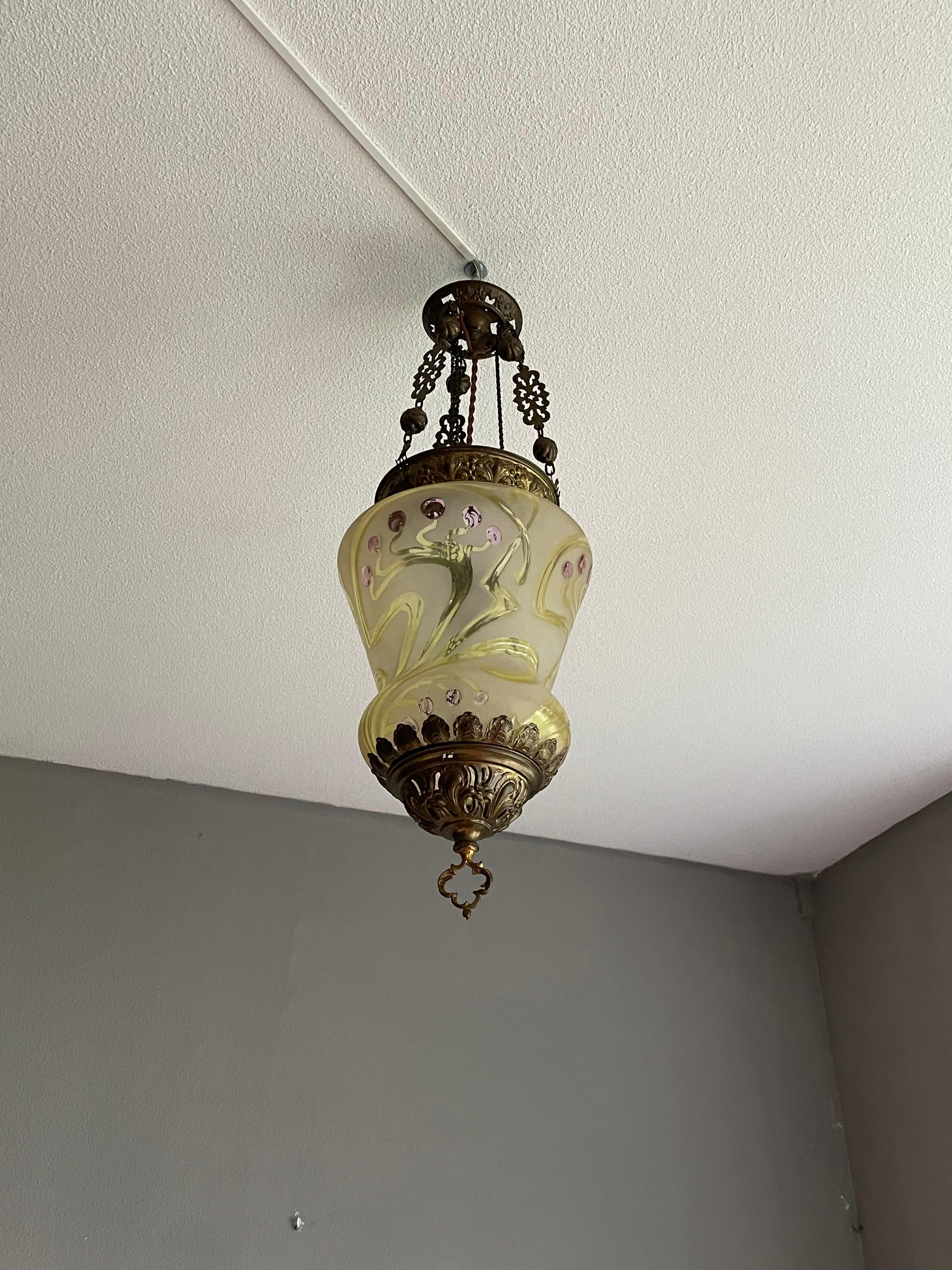 Stunning Arts & Crafts Gothic Brass & Mouth Blown Art Glass Pendant / Lantern 6