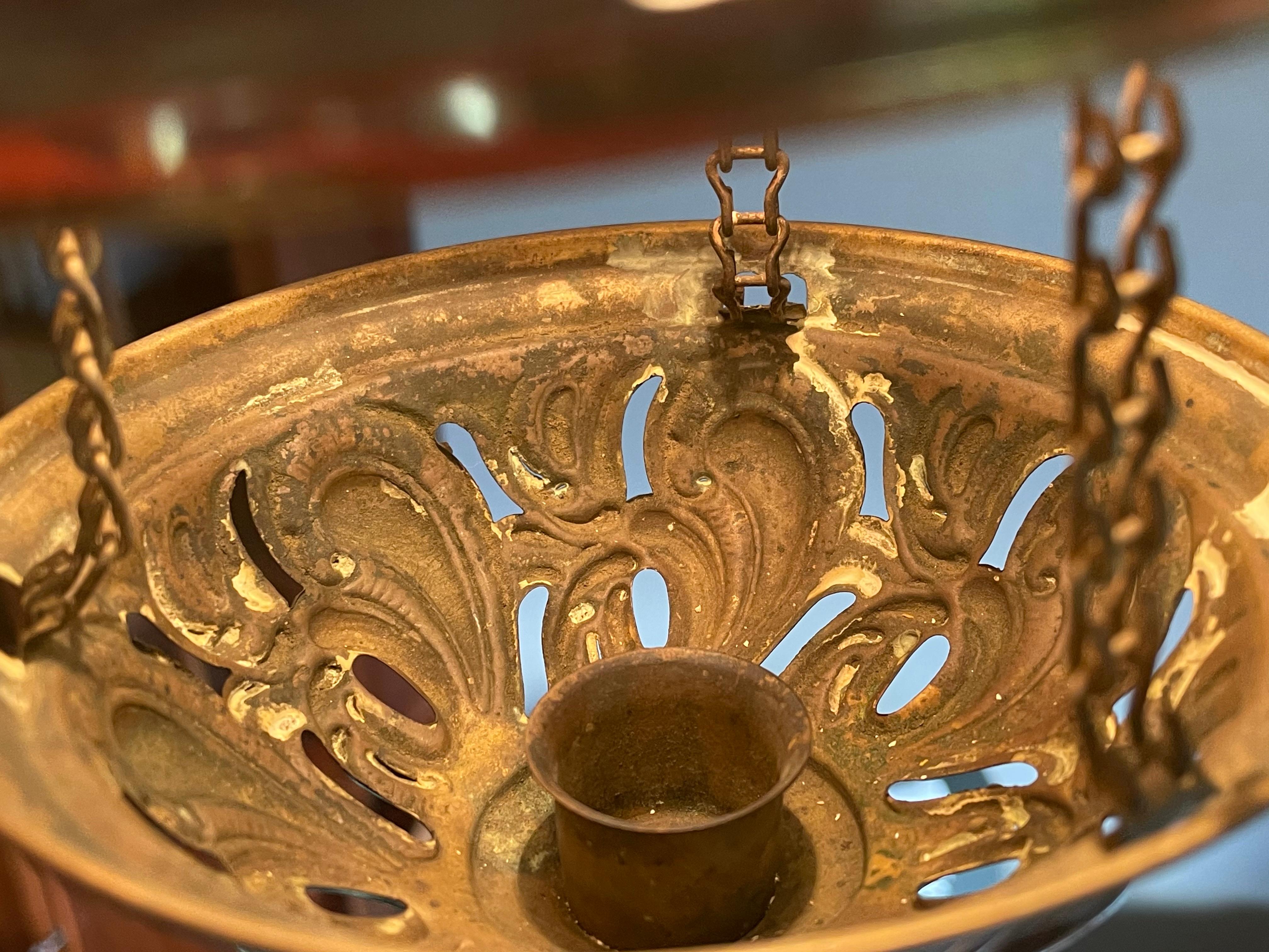 Stunning Arts & Crafts Gothic Brass & Mouth Blown Art Glass Pendant / Lantern 7