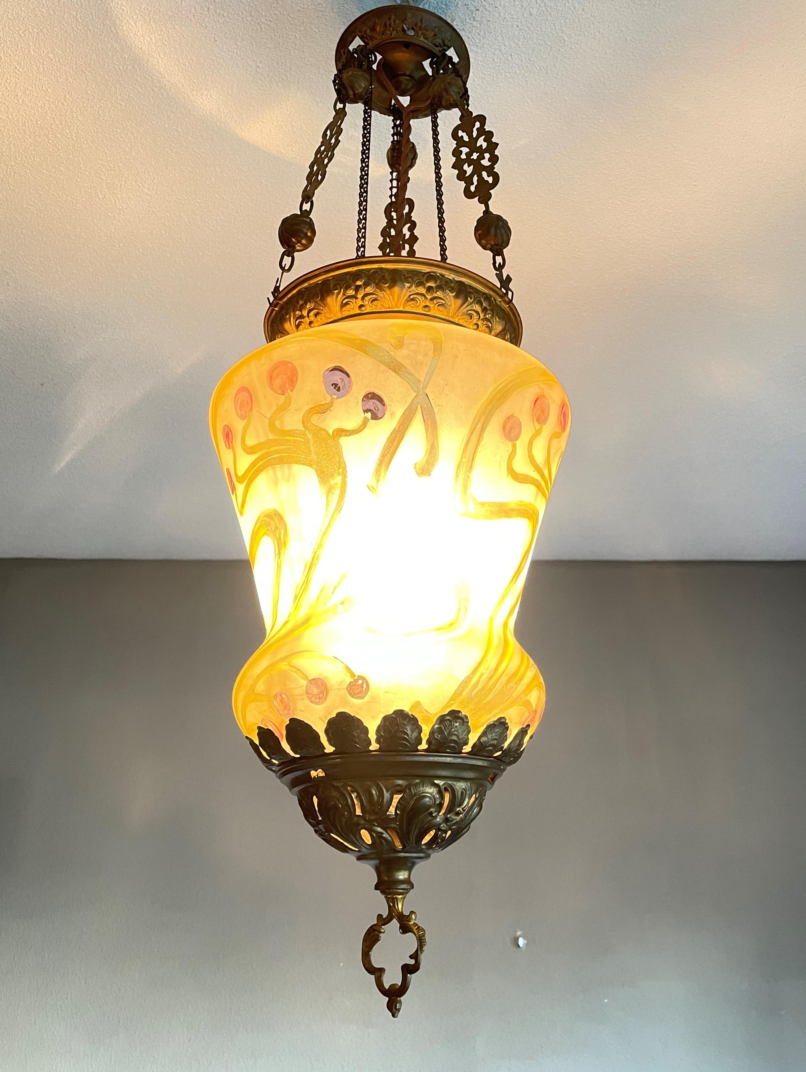 Stunning Arts & Crafts Gothic Brass & Mouth Blown Art Glass Pendant / Lantern 9