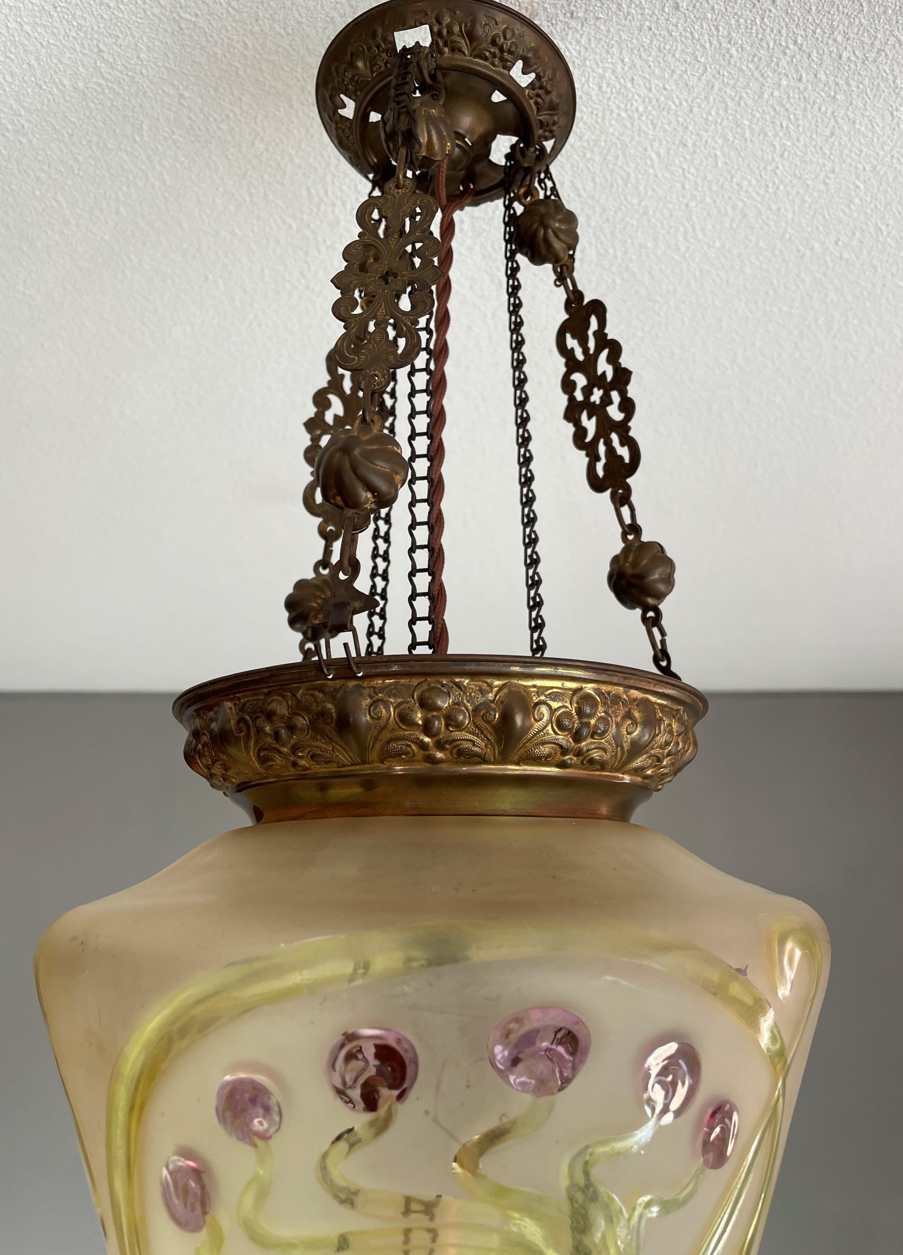 Stunning Arts & Crafts Gothic Brass & Mouth Blown Art Glass Pendant / Lantern 10